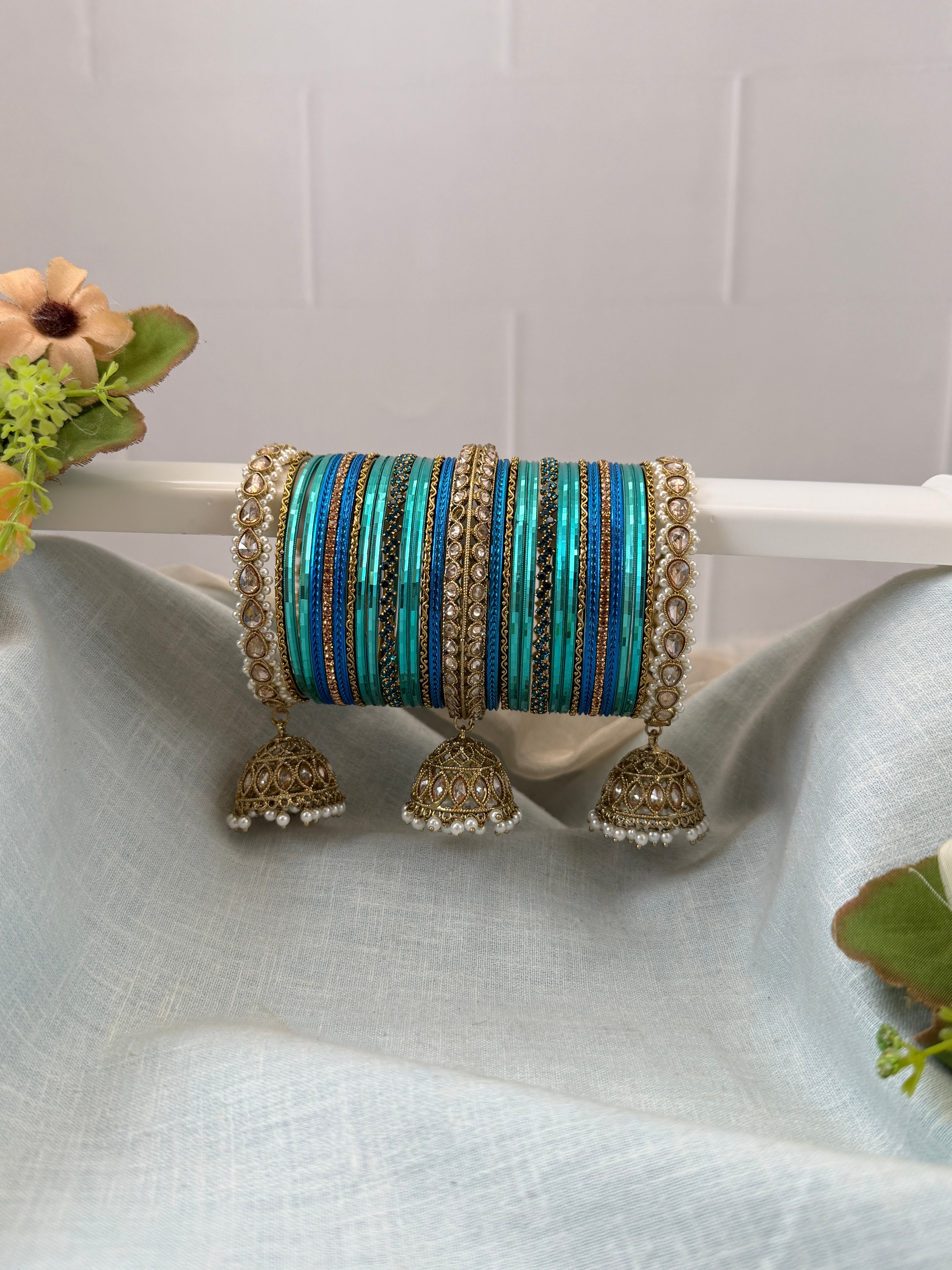 Luxurious Peacock Blue Polki and Stone Bridal Bangle Set - 5324