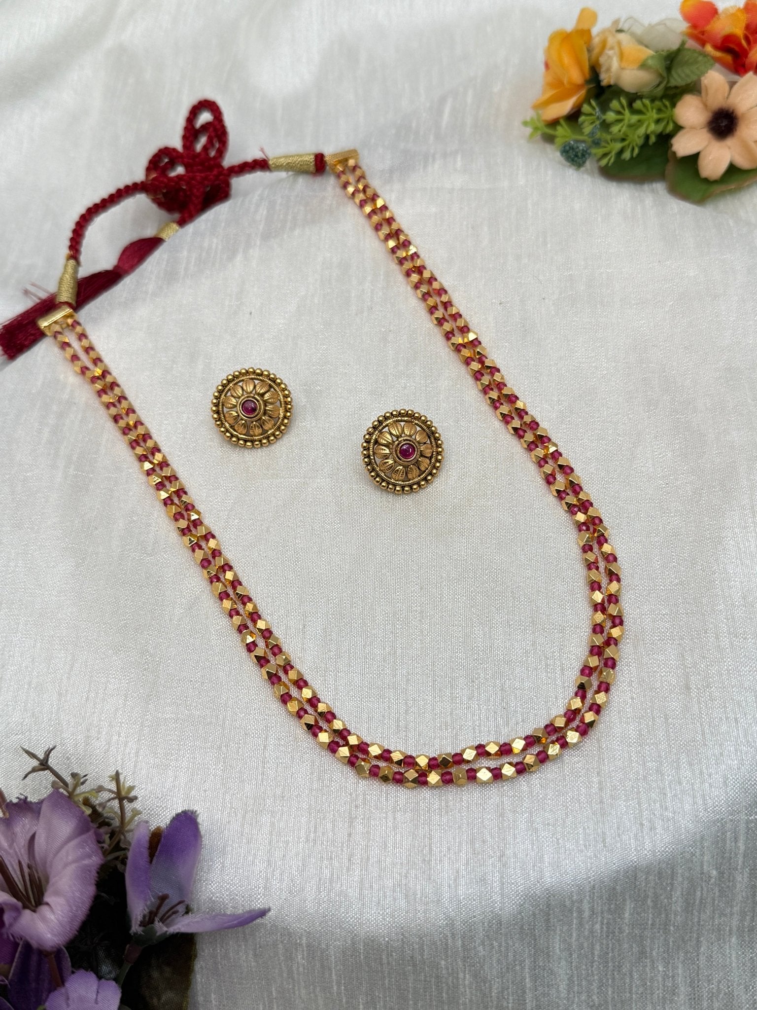 2 Layer Ruby Pink Antique Necklace Set 553 - Mahilas