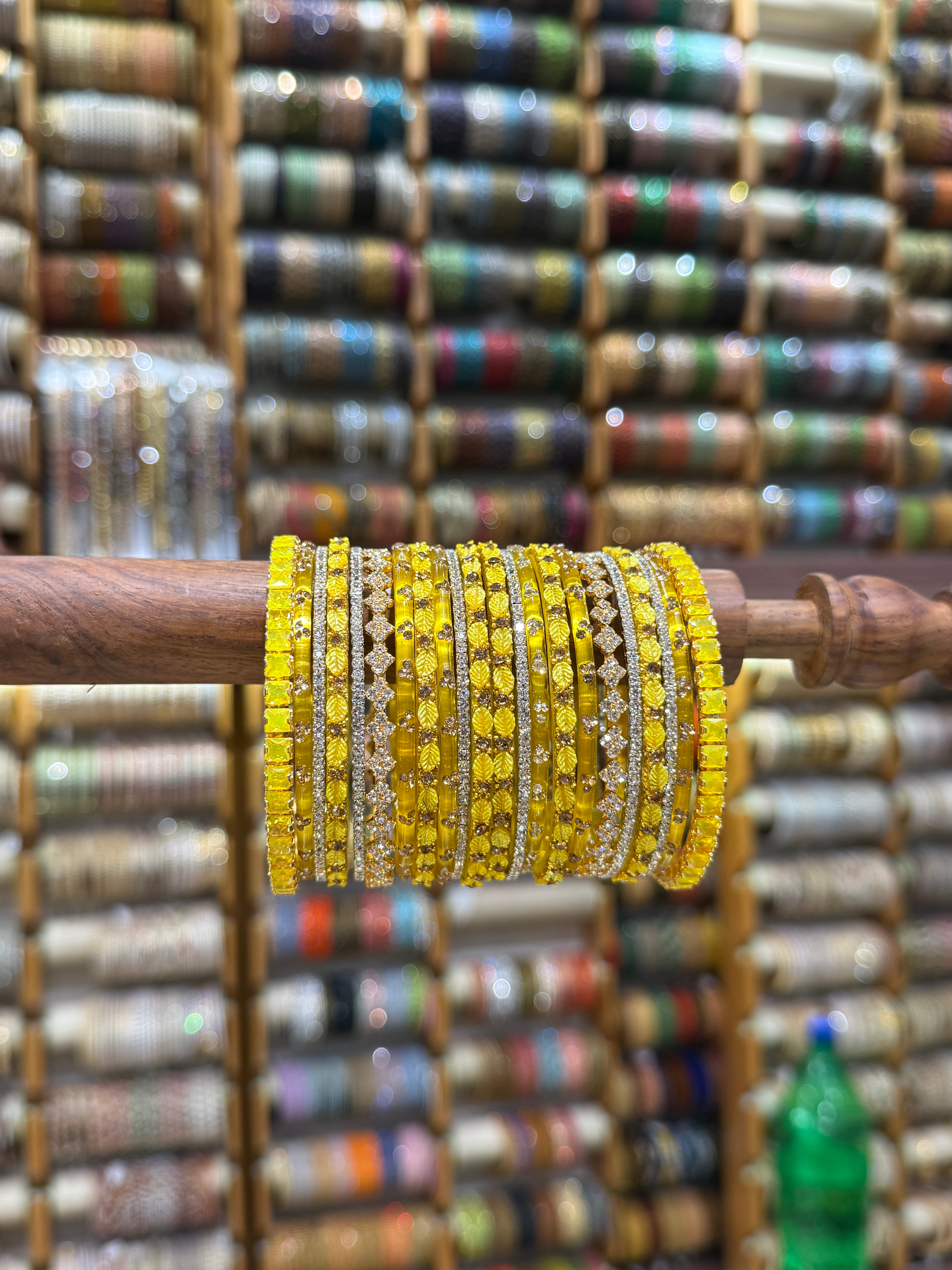 Luxurious Lemon Yellow Leaf Design Glass & Stone Bangle Set - 5321