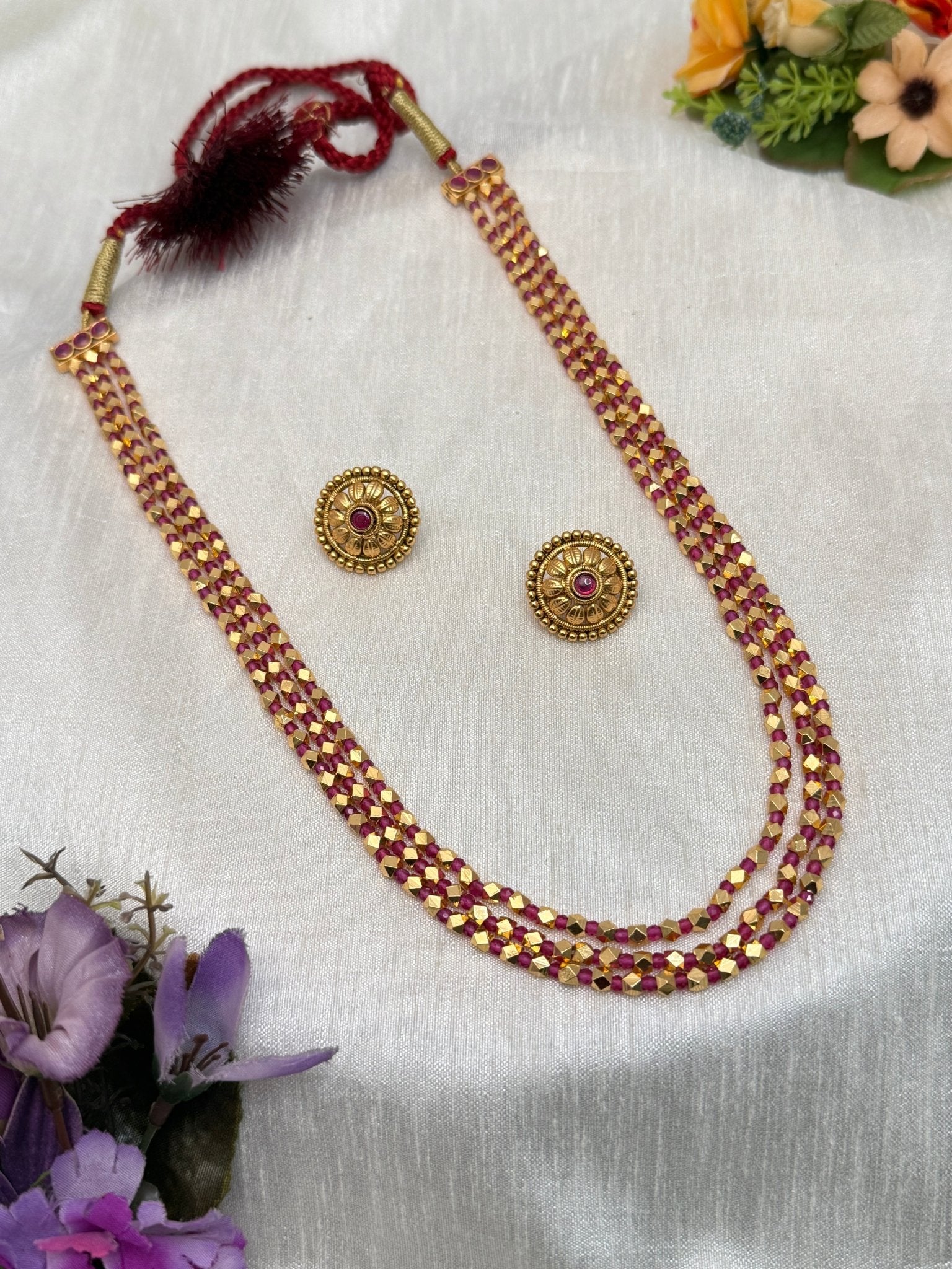 3 Layer Ruby Pink Antique Necklace Set 552 - Mahilas