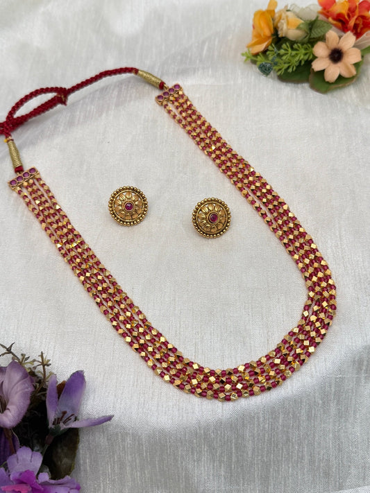 4 Layer Ruby Pink Antique Necklace Set 550 - Mahilas