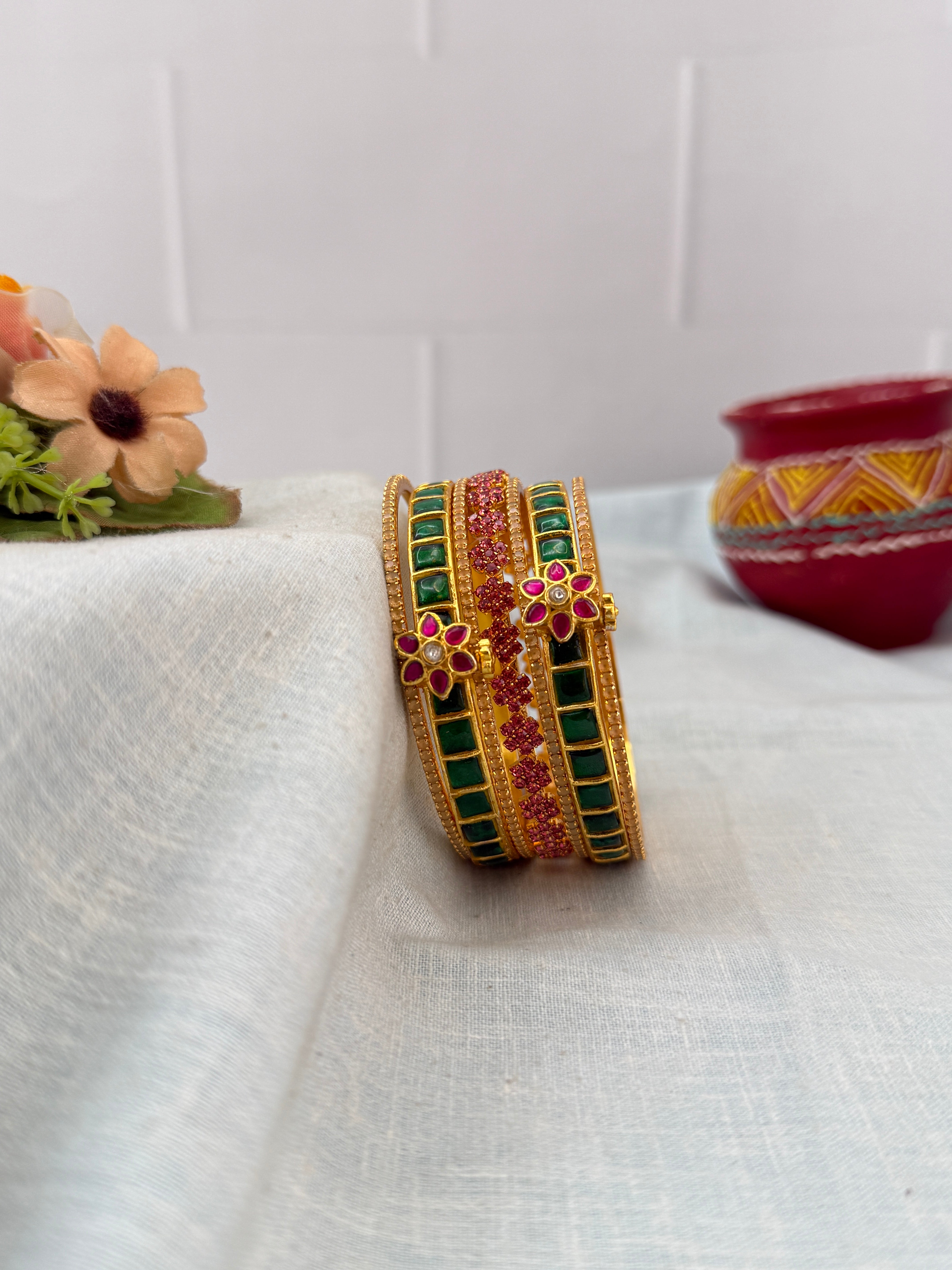 Premium Jadau Kundan & Stone Bangle Set - 5326