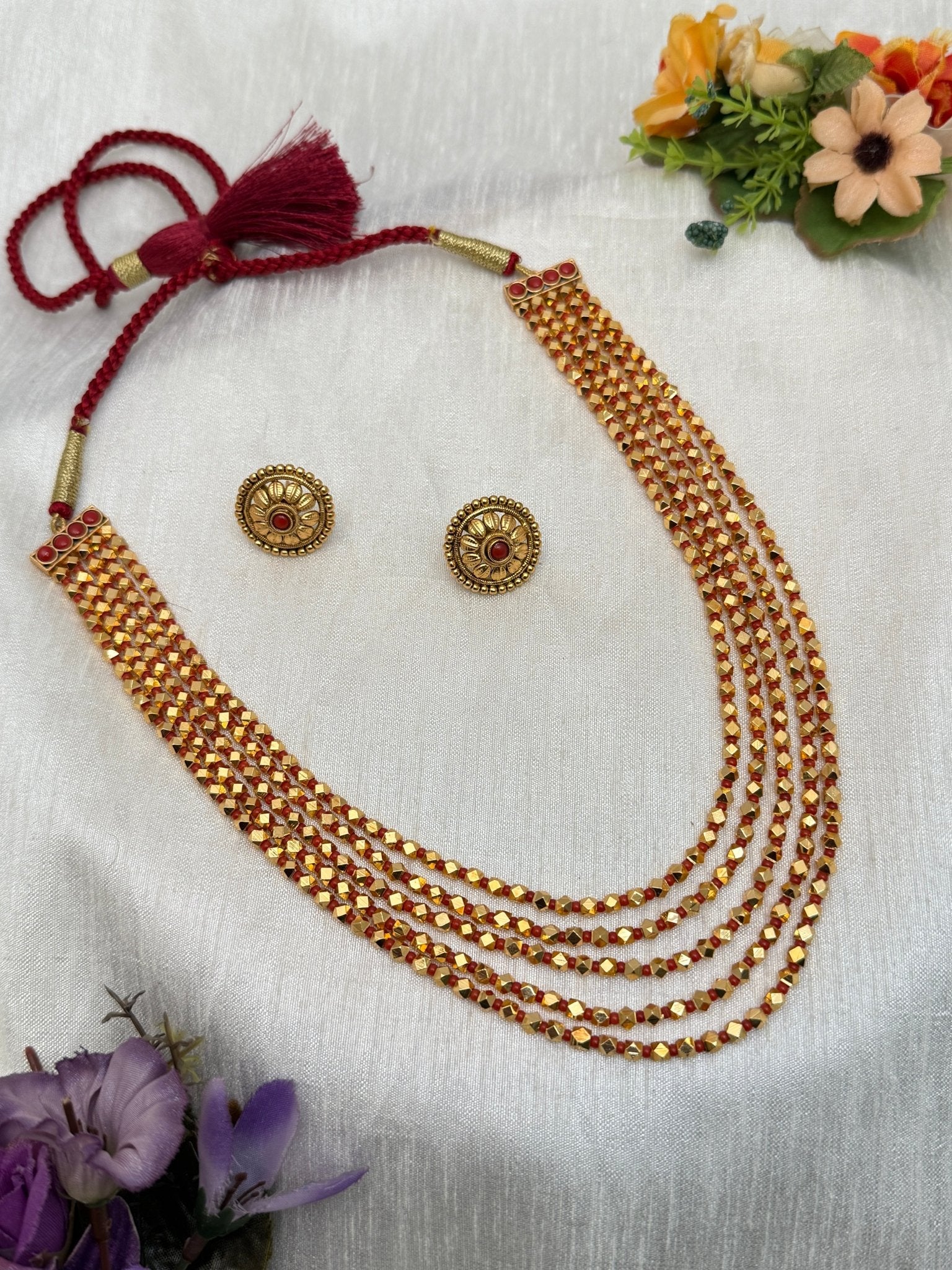5 Layer Red Antique Necklace Set 540 - Mahilas