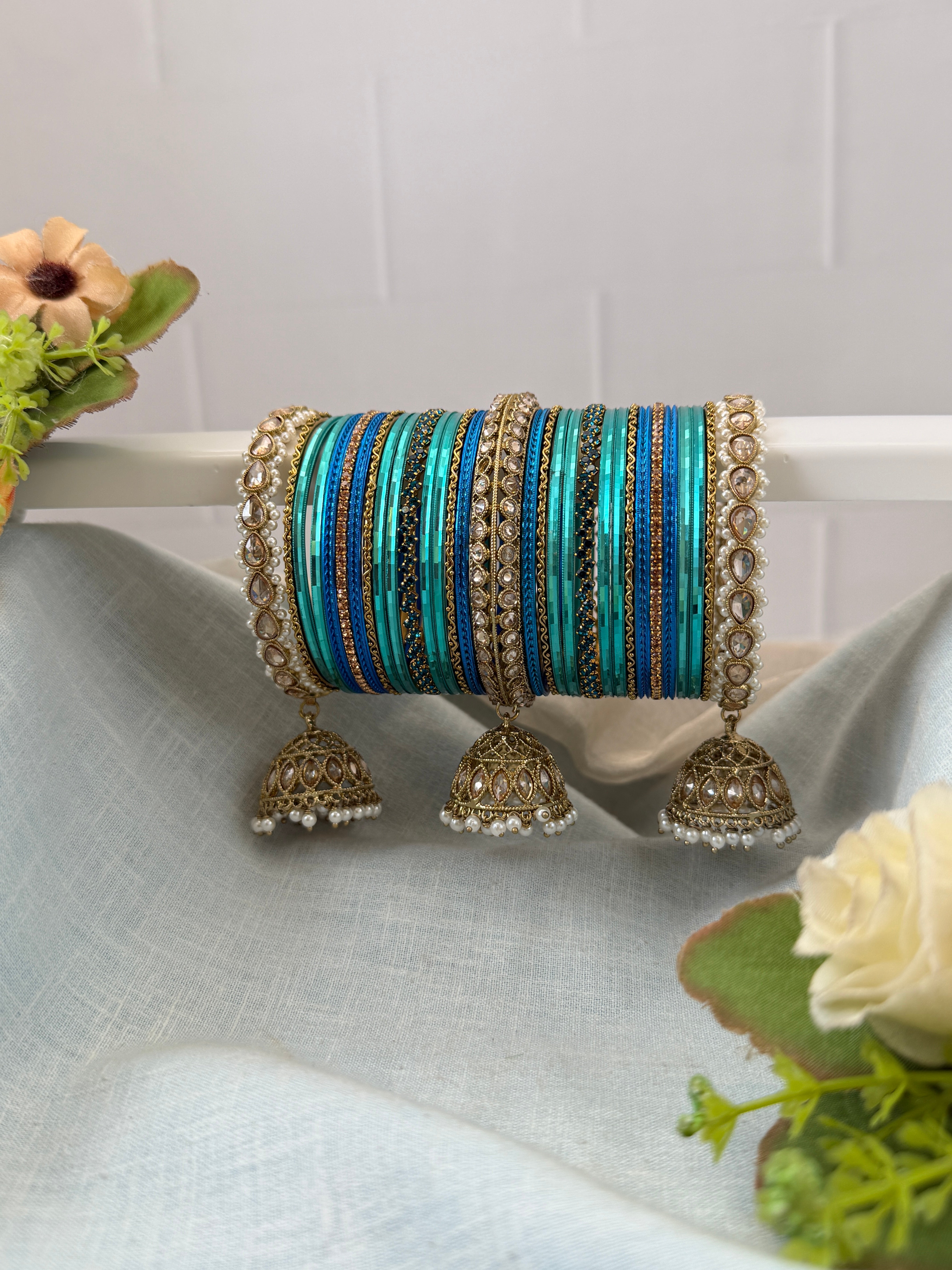Luxurious Peacock Blue Polki and Stone Bridal Bangle Set - 5324