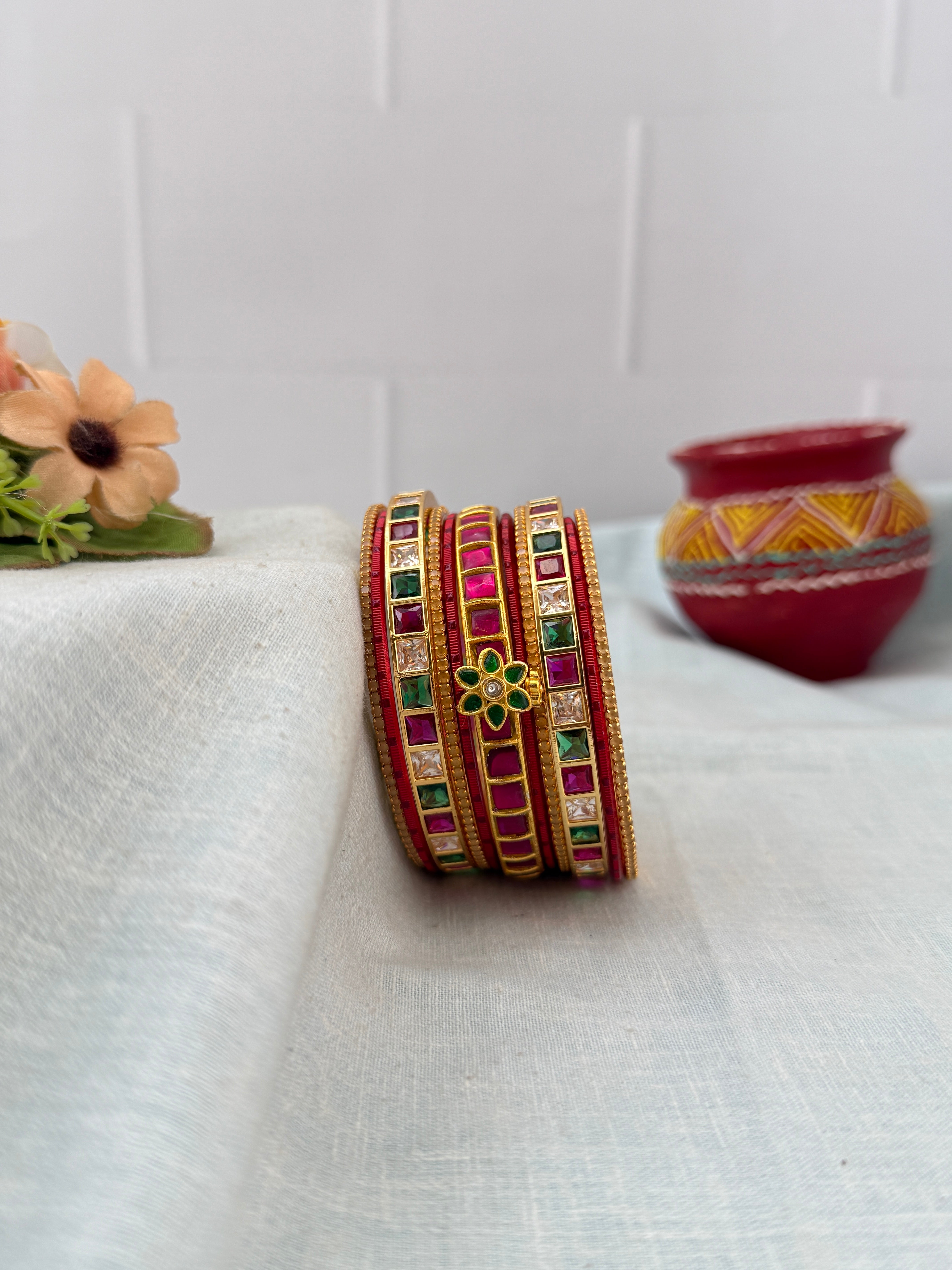 Luxurious Jadau Kundan & Swarna Stone Bangle Set - 5325