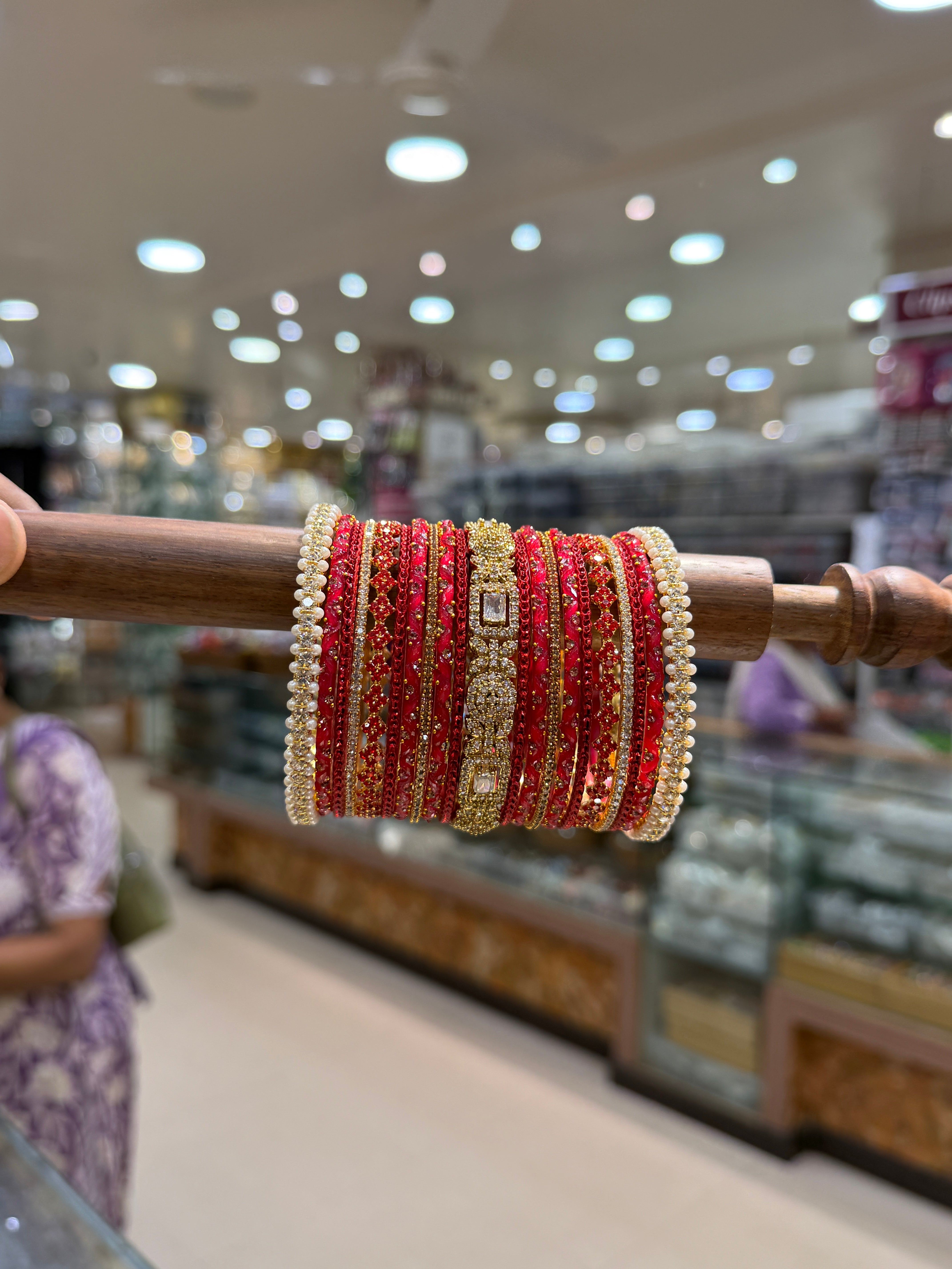 Luxurious Strawberry Red & Gold Glass and Stone Bangle Set - 5331