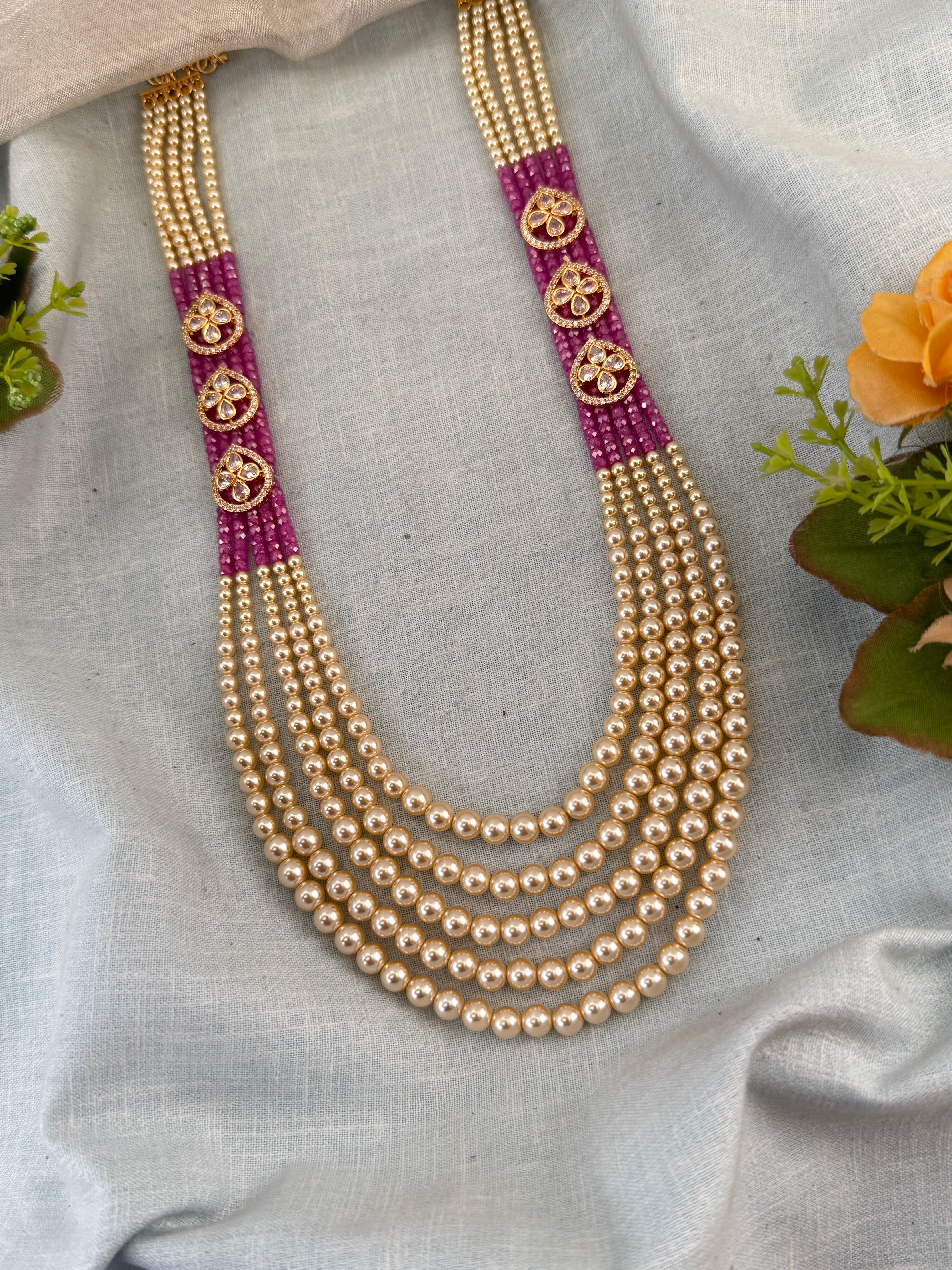 Luxurious Layer Pearl Stone Long Necklace Set 847