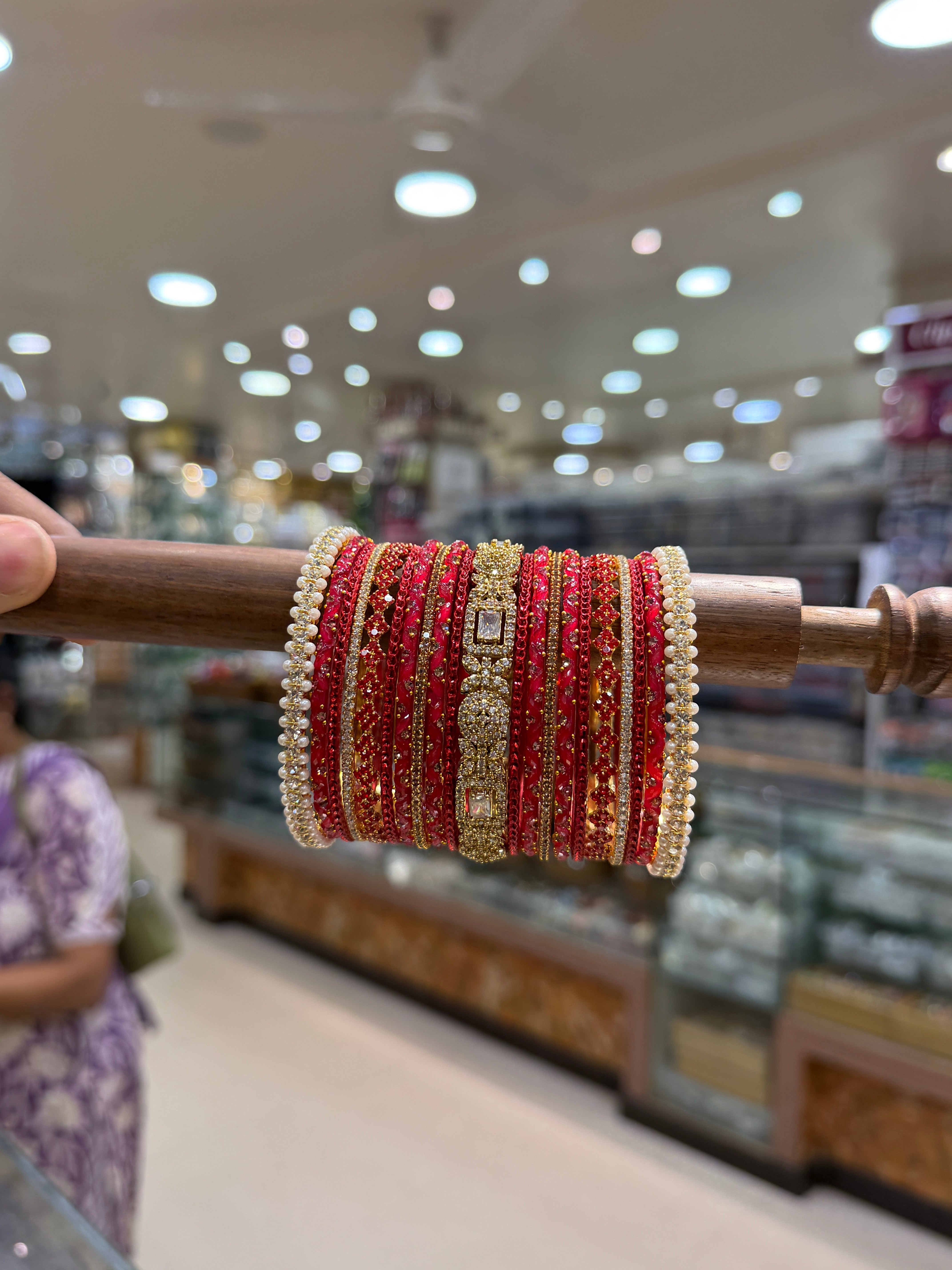 Luxurious Strawberry Red & Gold Glass and Stone Bangle Set - 5331