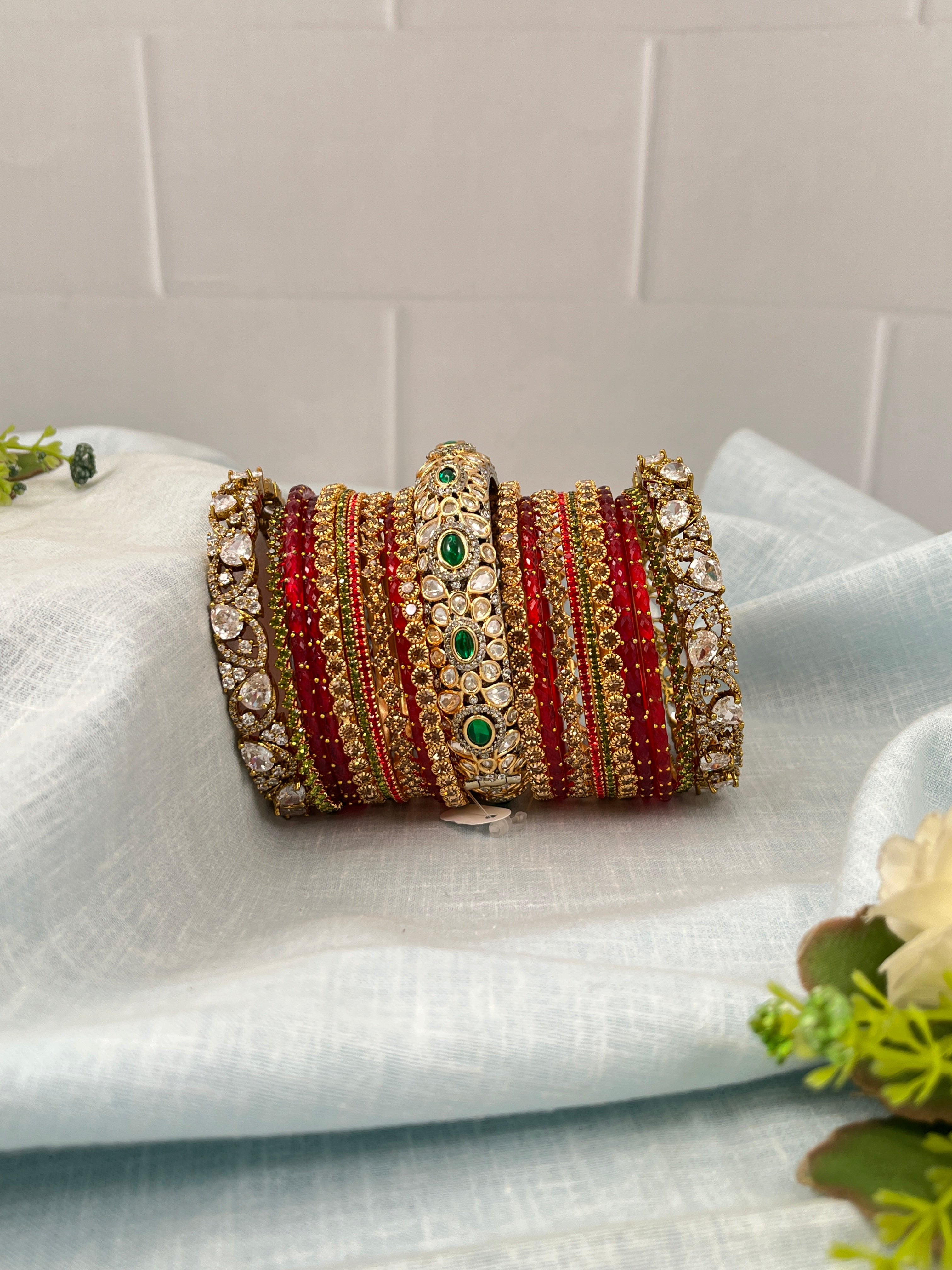 Luxurious Bridal Red and Gold Glass & Kundan Bangle Set 5267