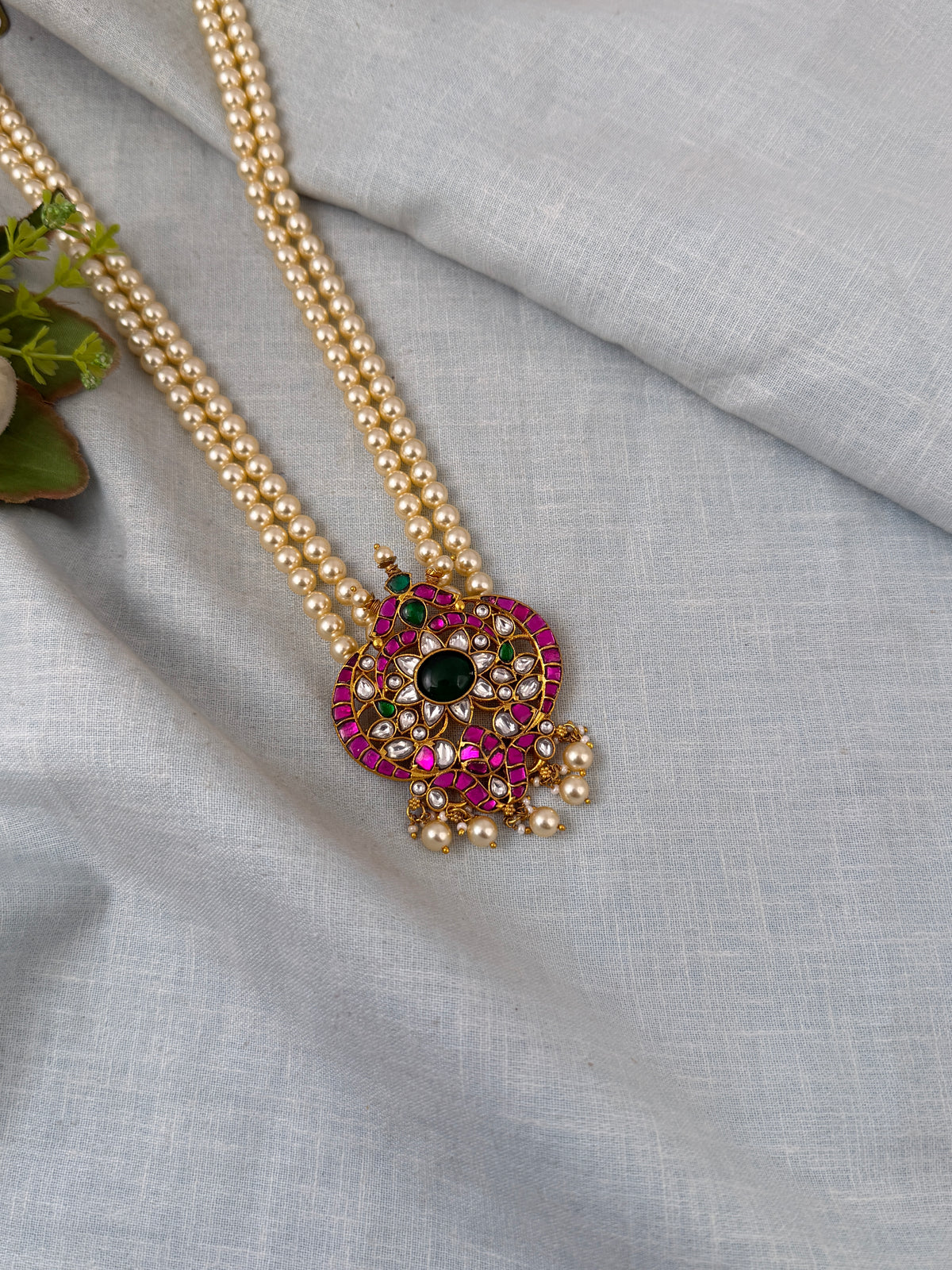 Antique Pearl Mid Long Jadau Pendant Beads Chain | 233 A