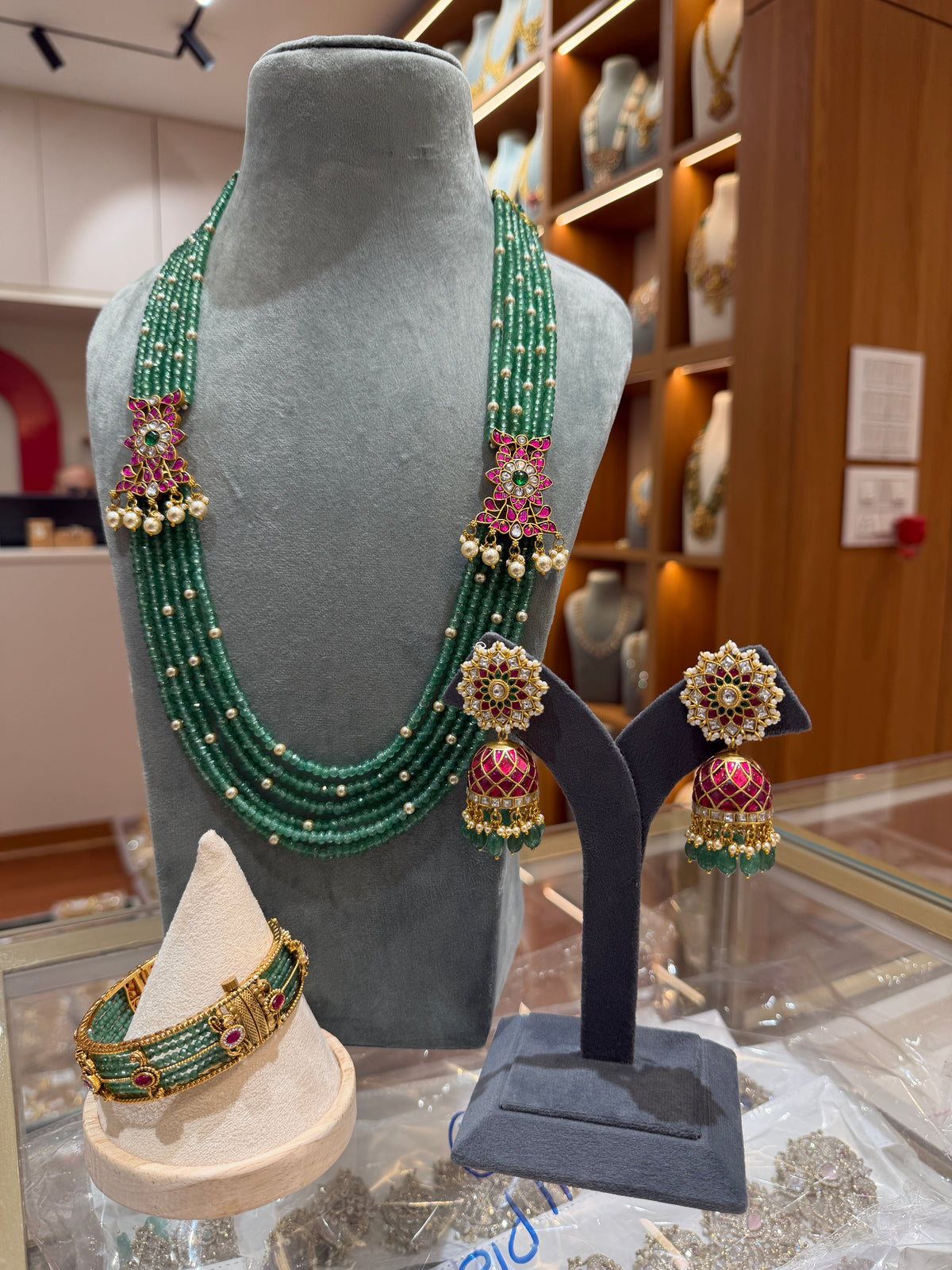Green Beads Necklace, Kada and Jhumka Full Set | NC012