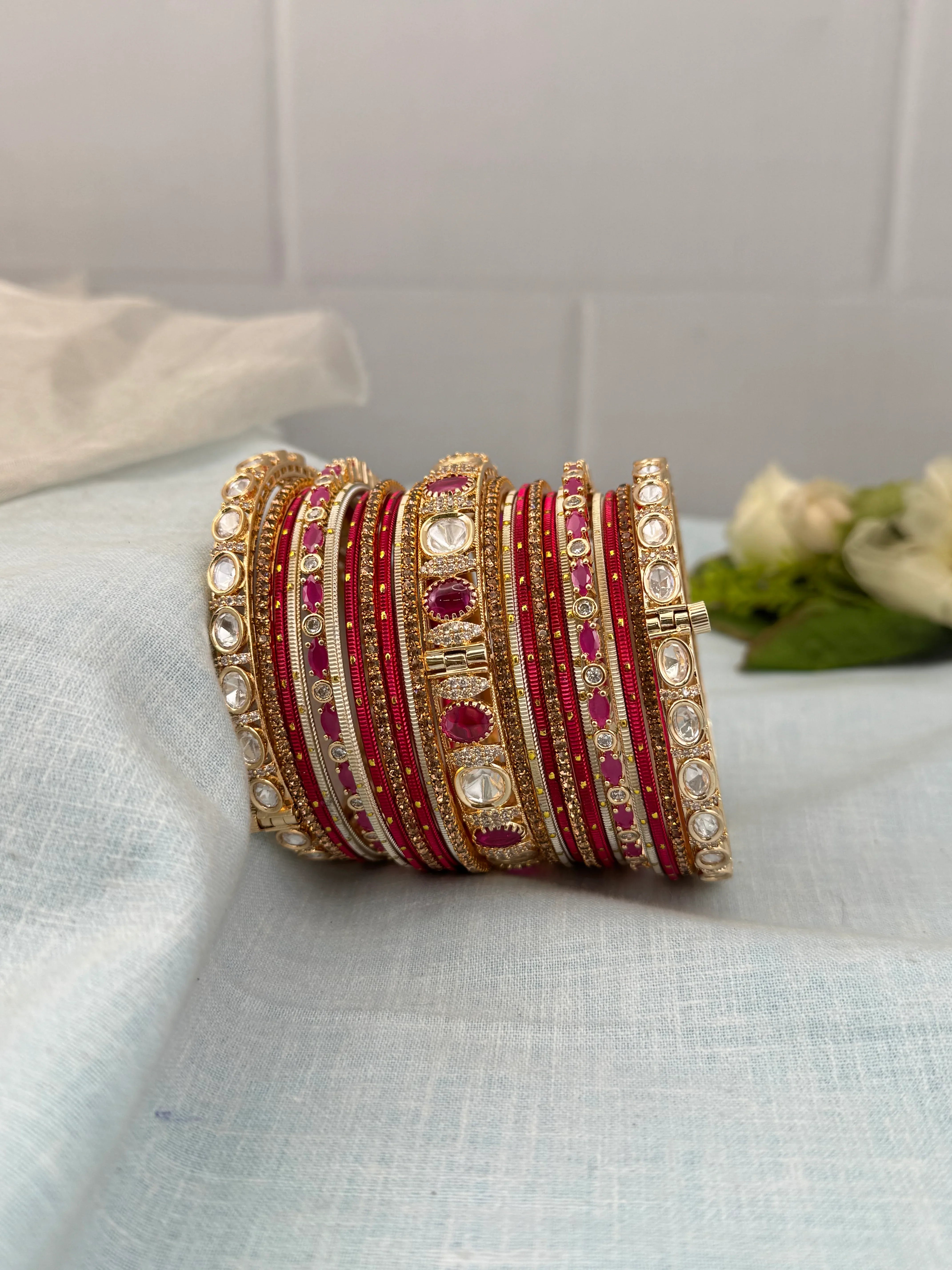 Luxurious Rani Pink & Gold Kundan Bangle Set - 5220