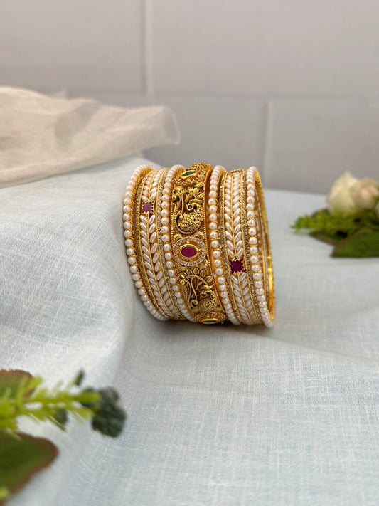 Luxurious White Pearl & Antique Bangle Set - 5221