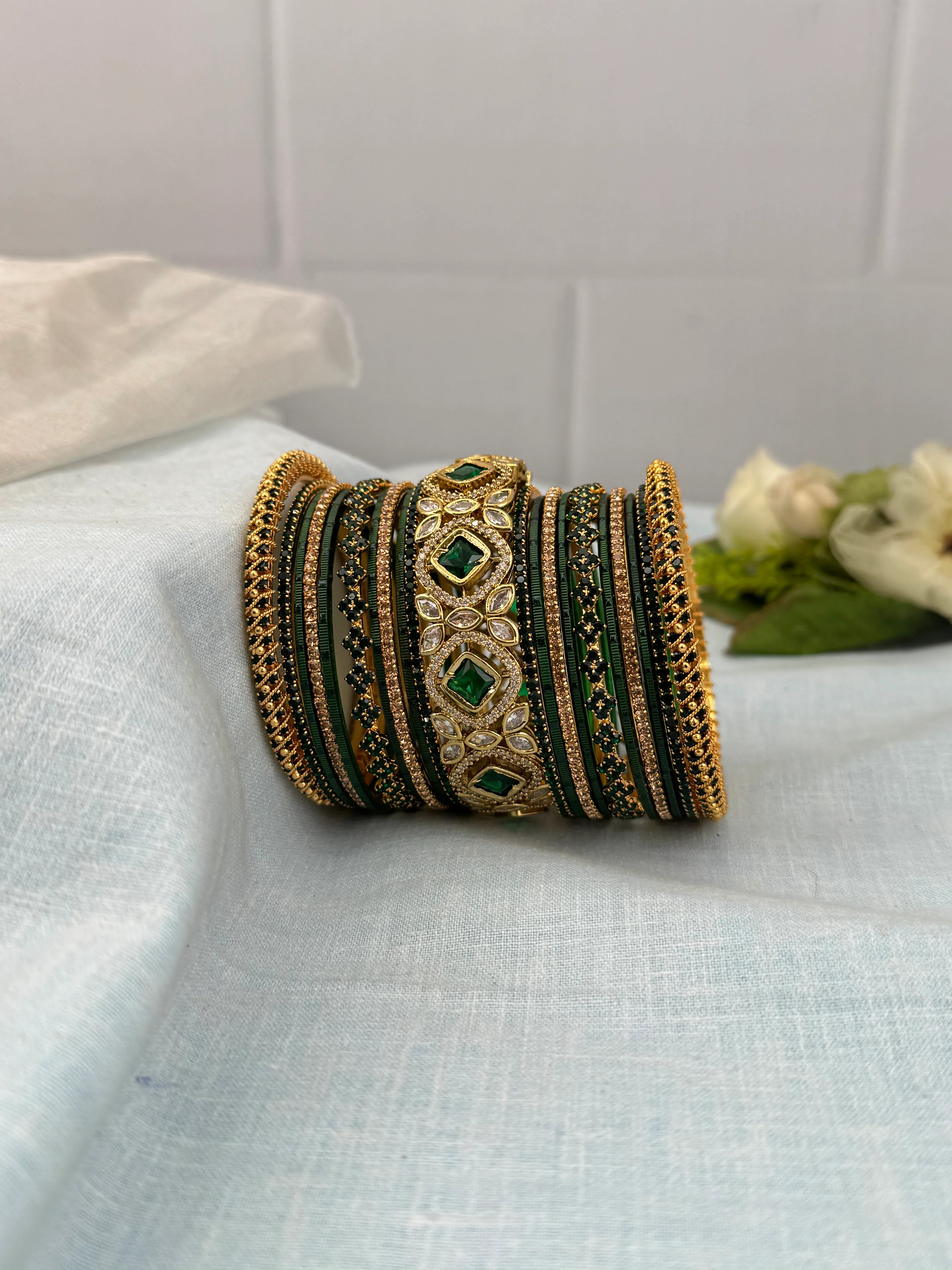 Designer Bottle Green Victorian & Stone Bangle Set - 5222
