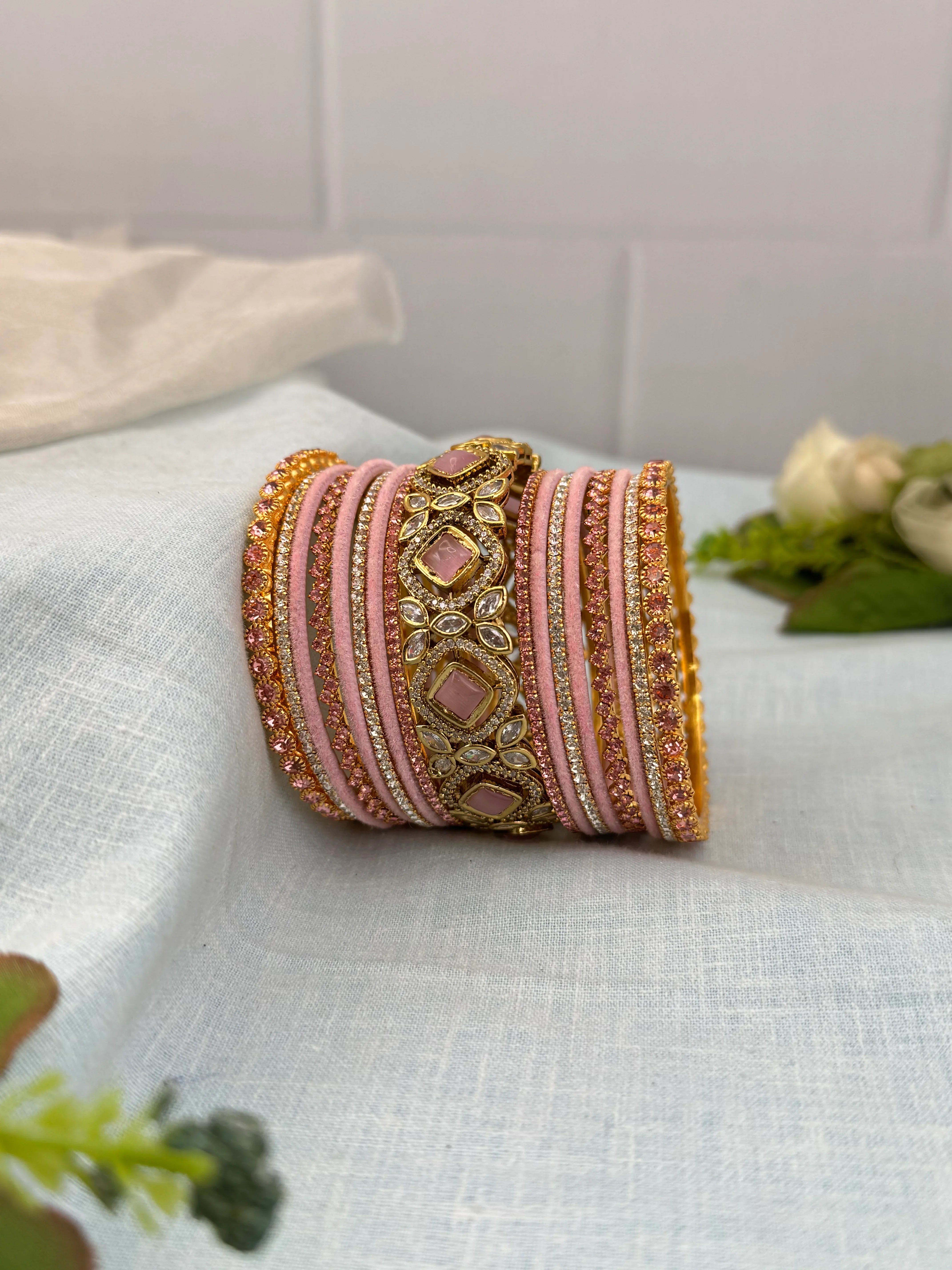 Designer Pink Victorian & Stone Bangle Set - 5223
