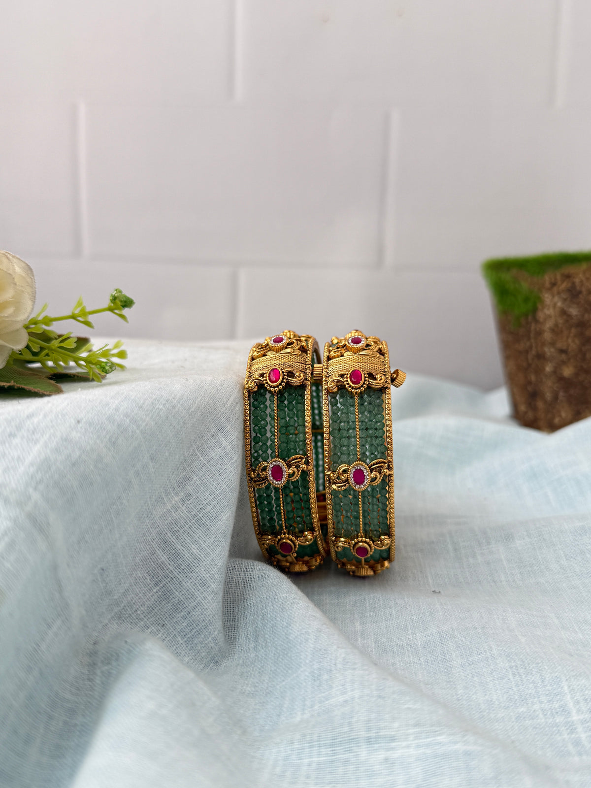 Luxurious Green Beads Kada Antique Bangles | Open Style | BBG2