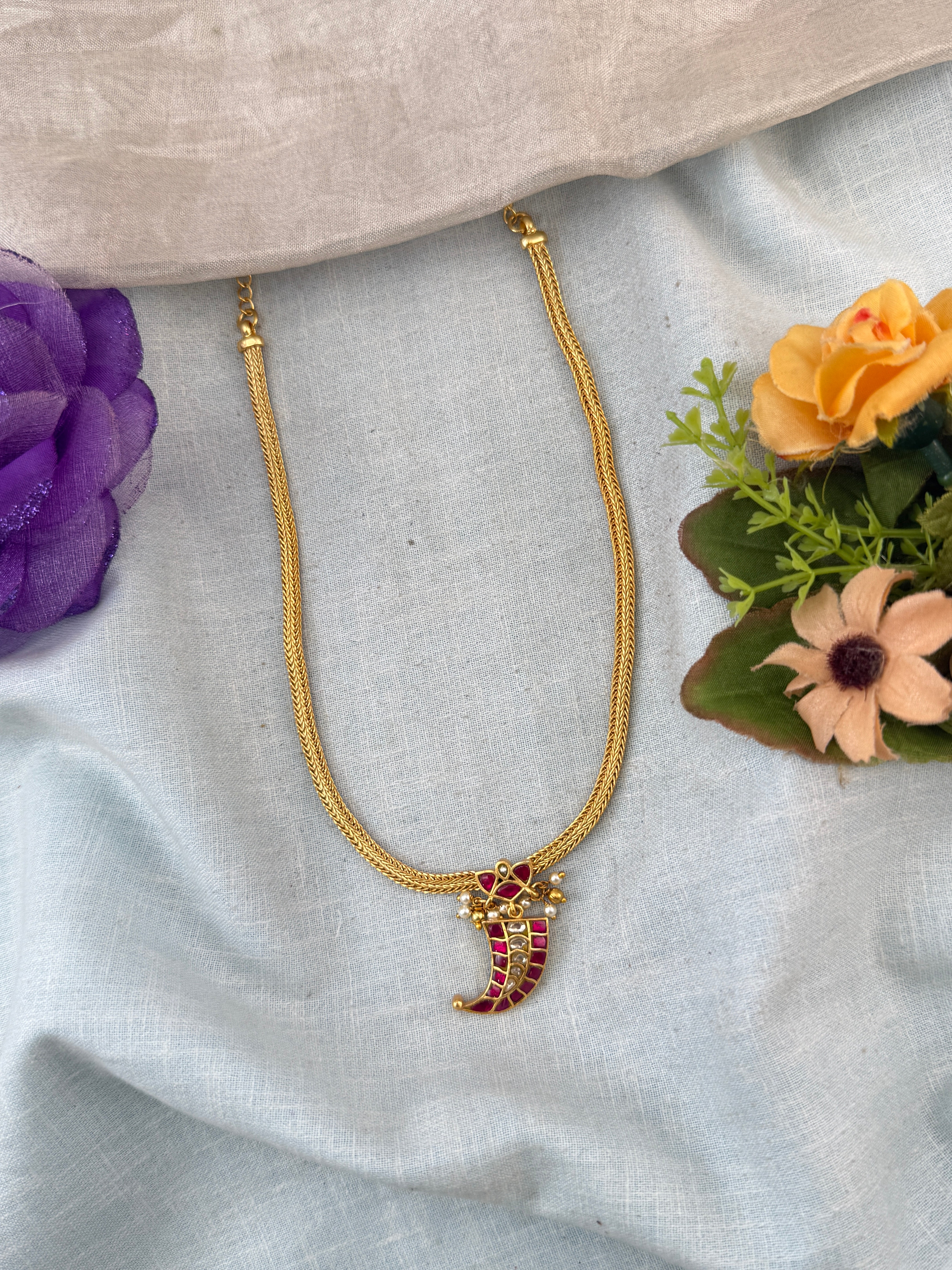 Jadau Necklace Pendant Chain Royal Short Set | N0046