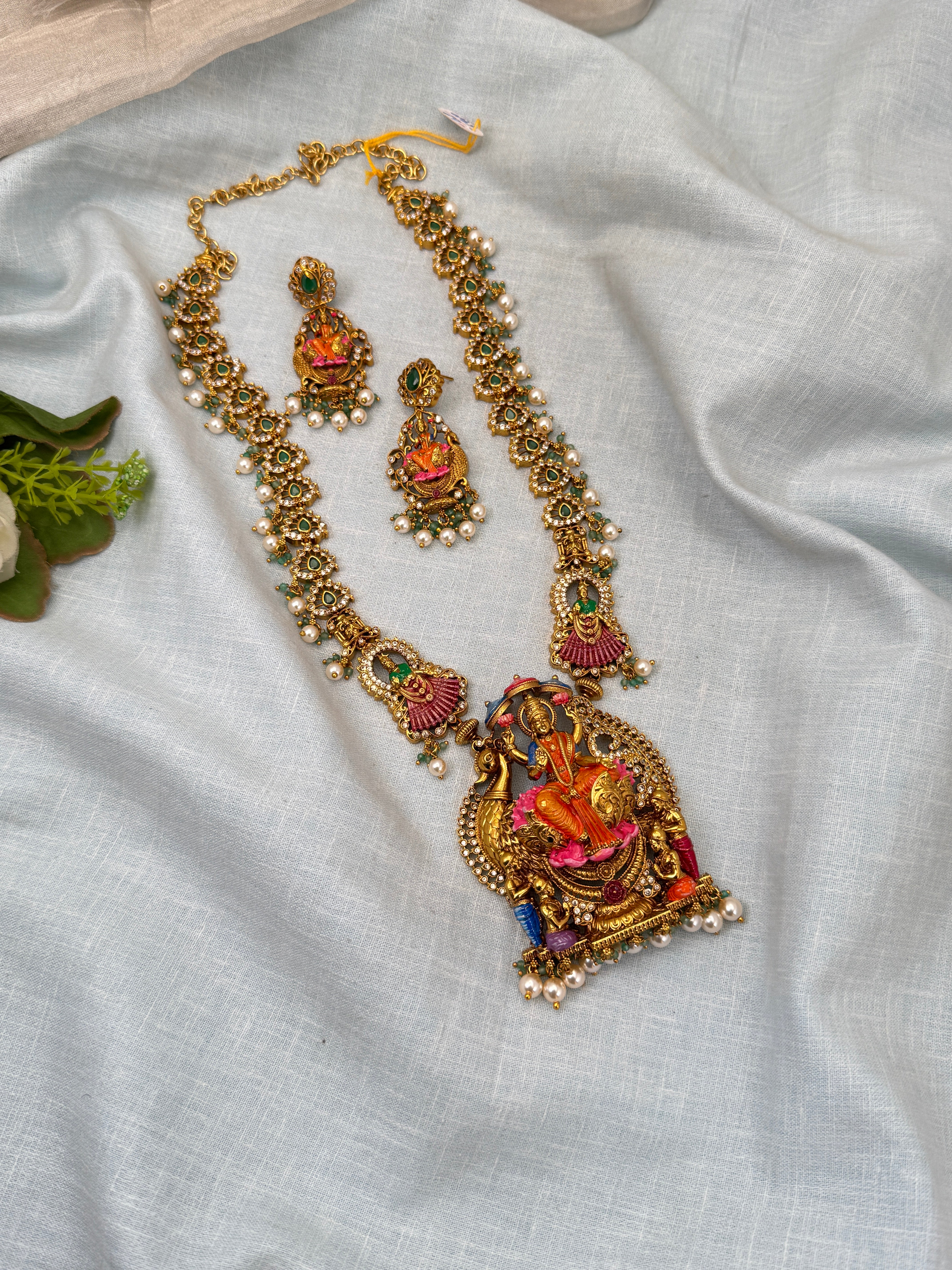 Luxurious Antique Lakshmi Long Necklace Set 0694