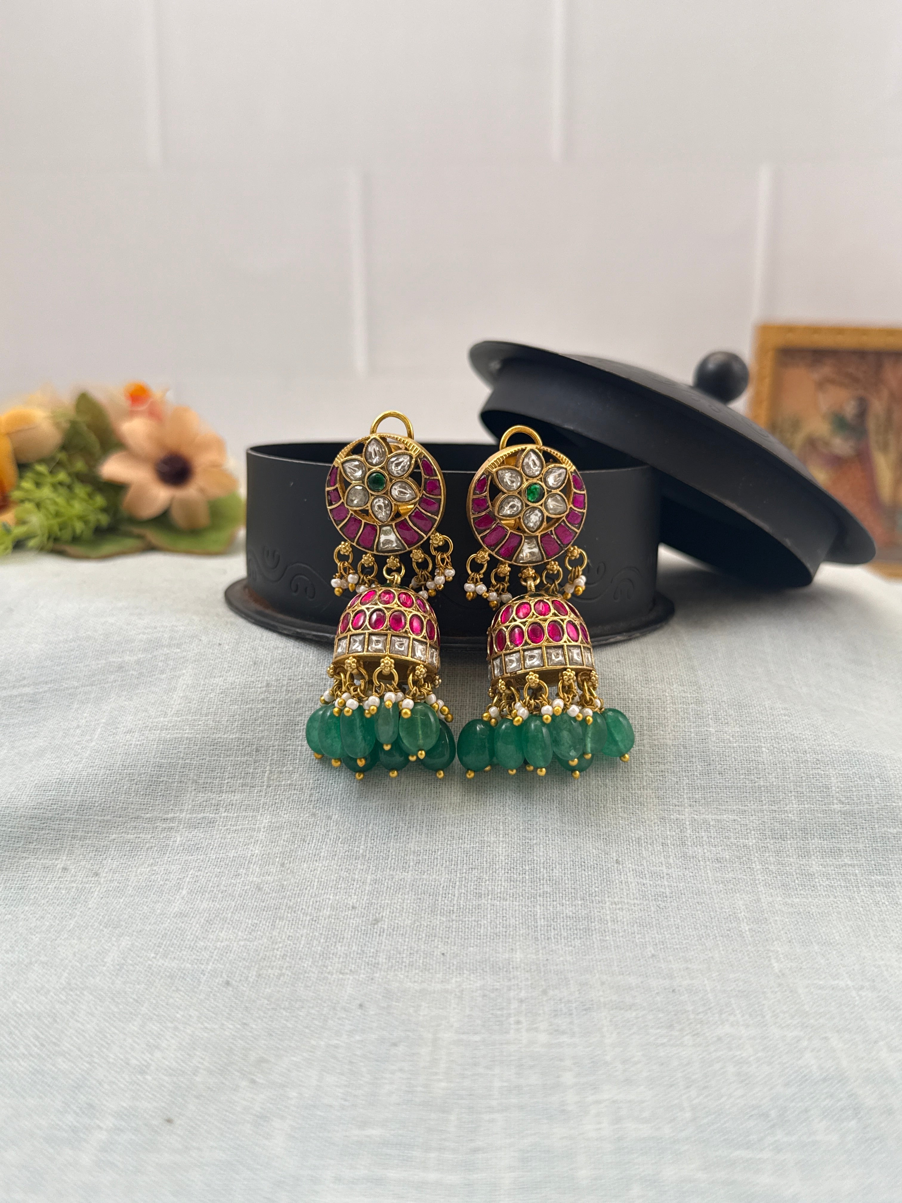Jadau Earrings, Bridal antique Jadau Kundan earrings, Antique Jhumka