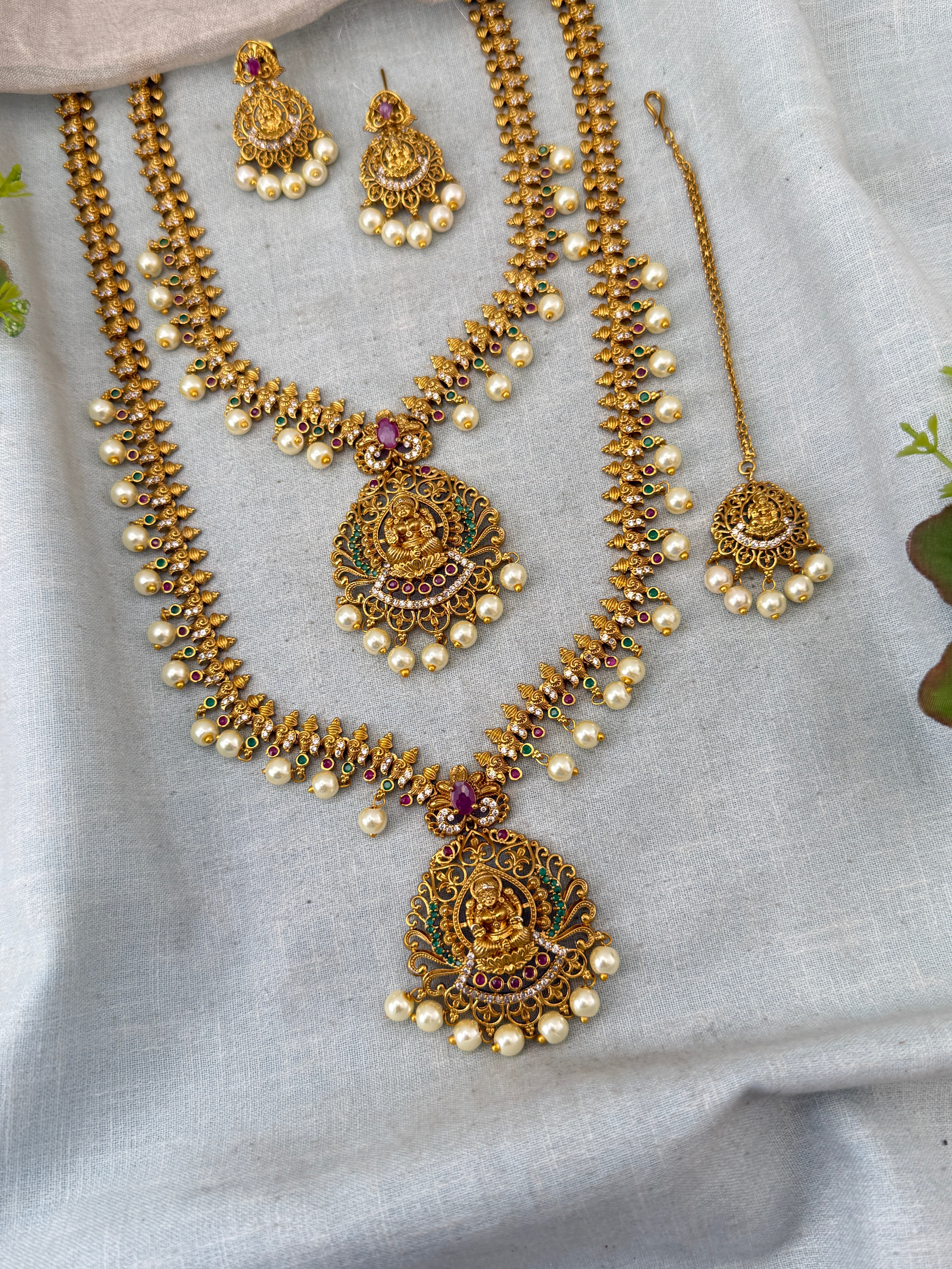 Antique Semi Bridal Lakshmi Pendant Necklace Set Combo | N0343