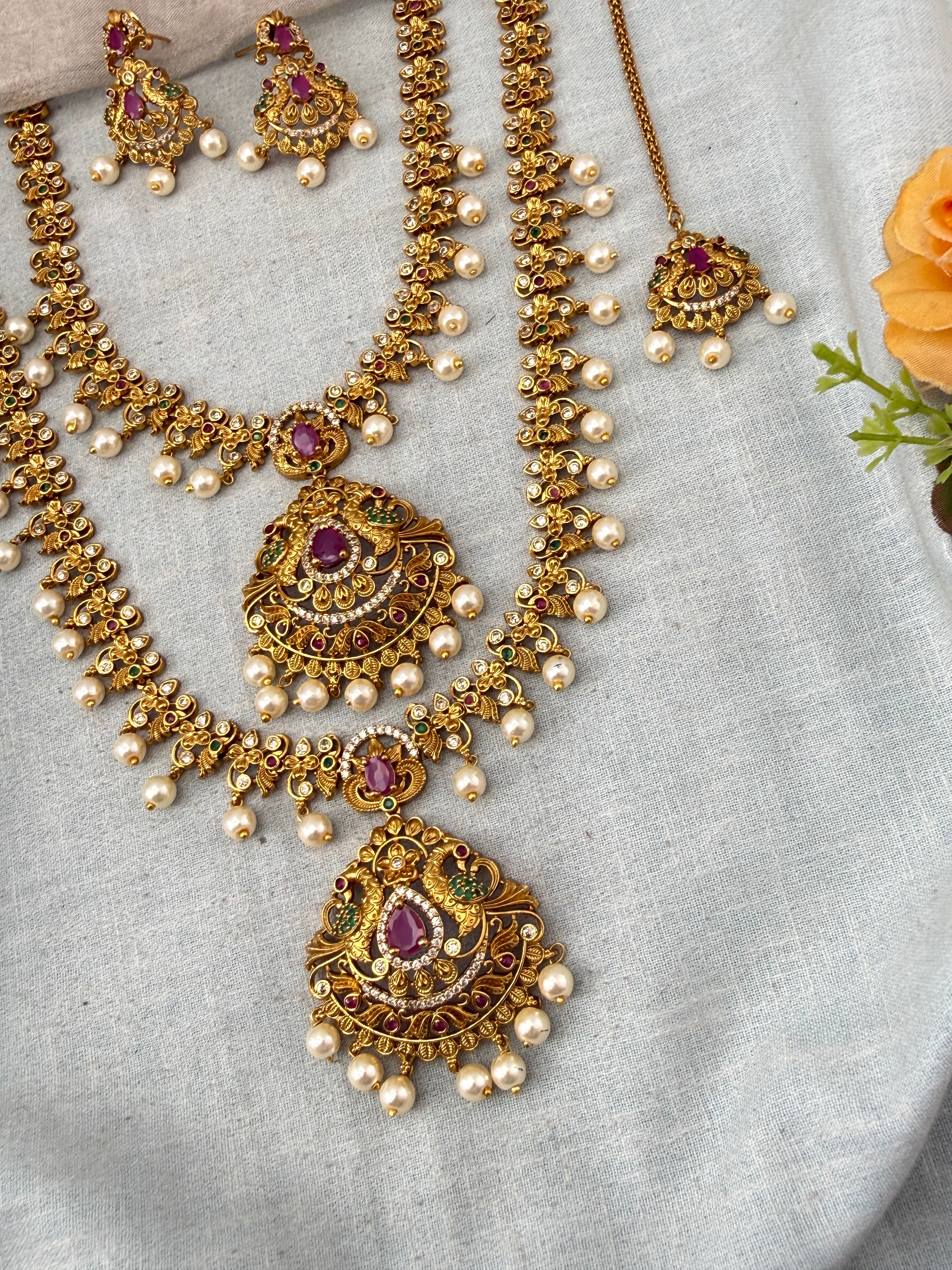 Antique Semi Bridal Peacock Pendant Necklace Set Combo | N0340