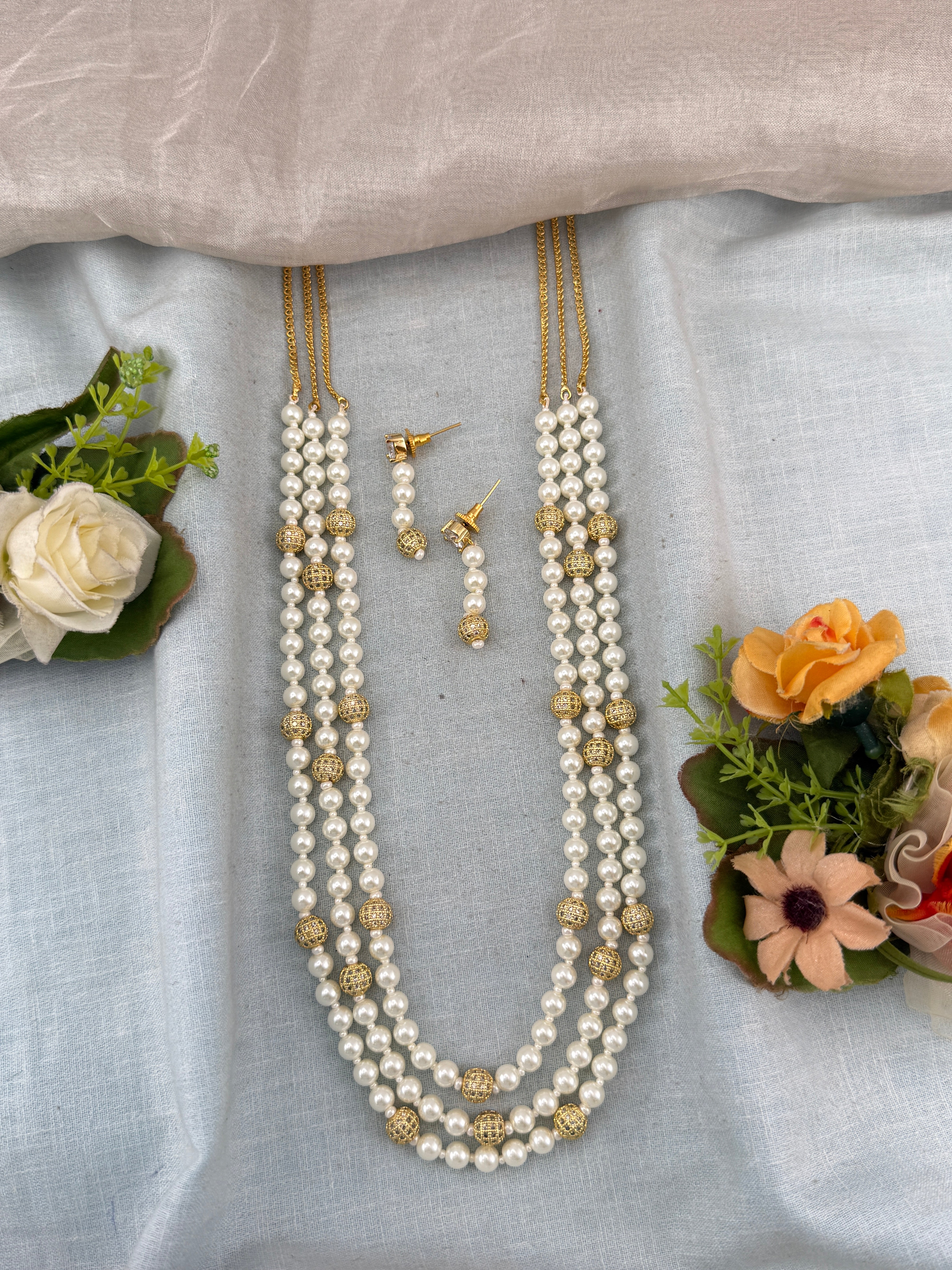 Premium Pearl Mid - Long Layer Pendant Mala Necklace Set | N0350
