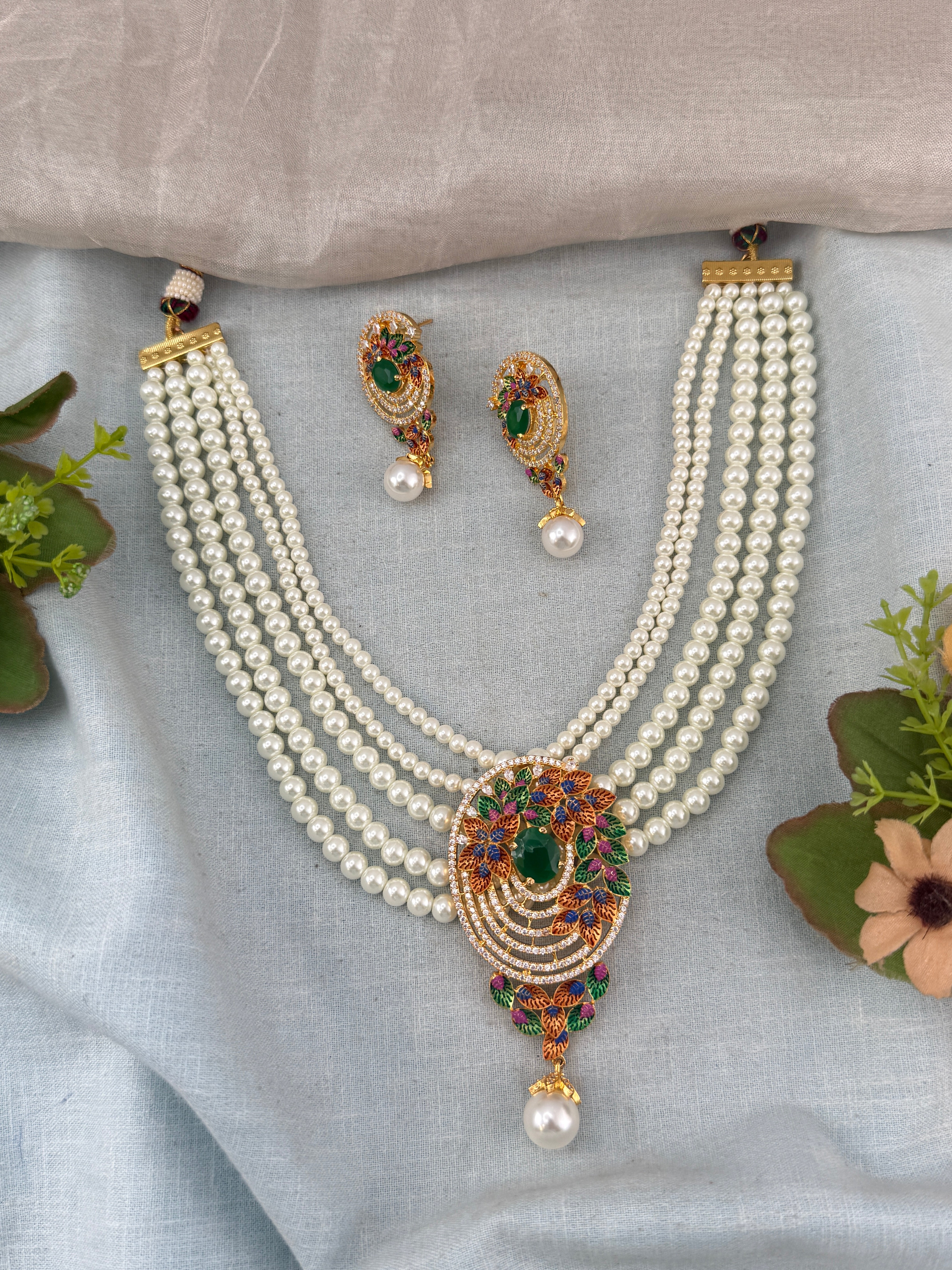 Premium Pearl Mid - Long Stone Pendant Mala Necklace Set | N0351