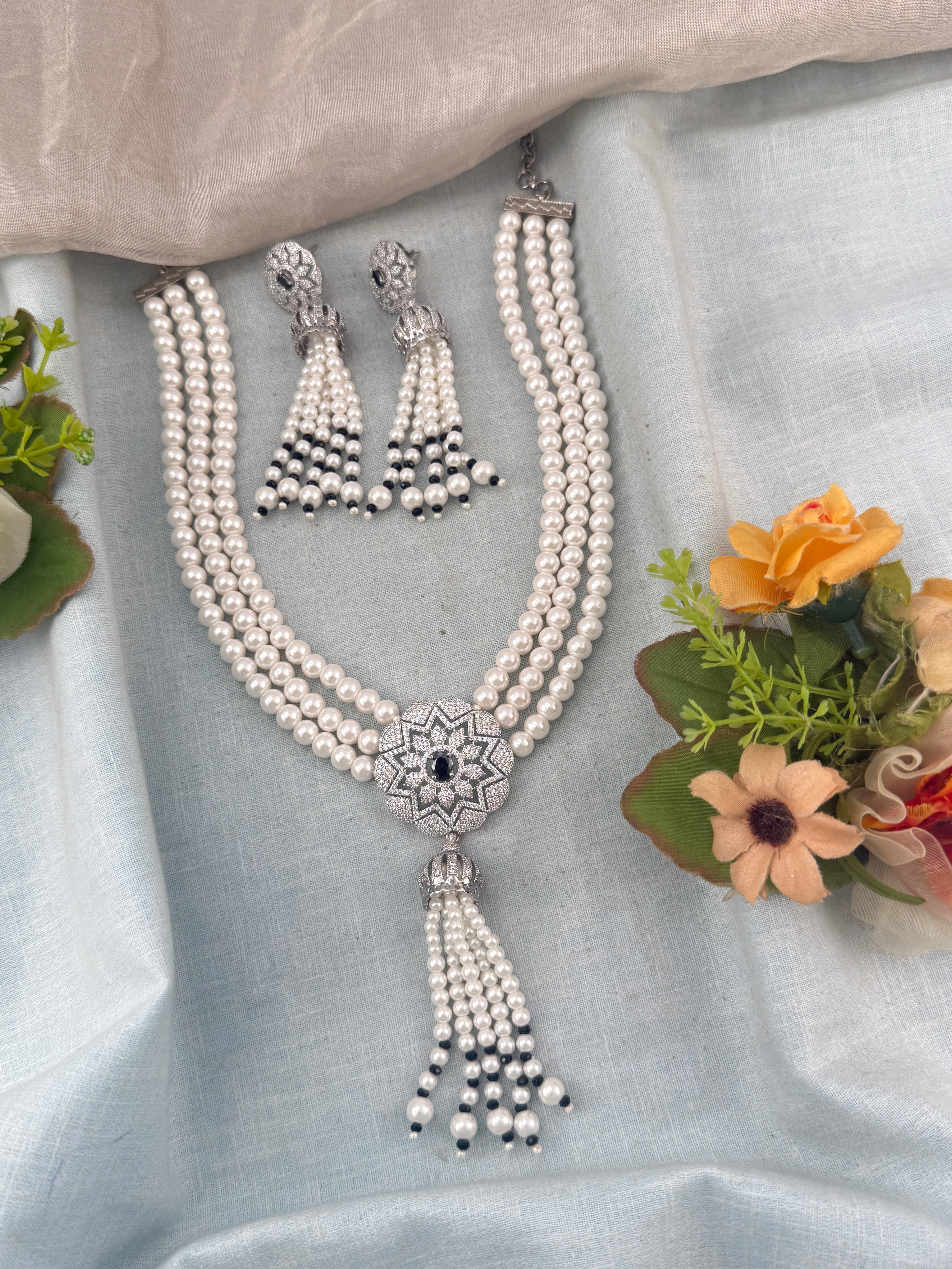 Premium Pearl Mid - Long Mala Necklace Set | N0357a
