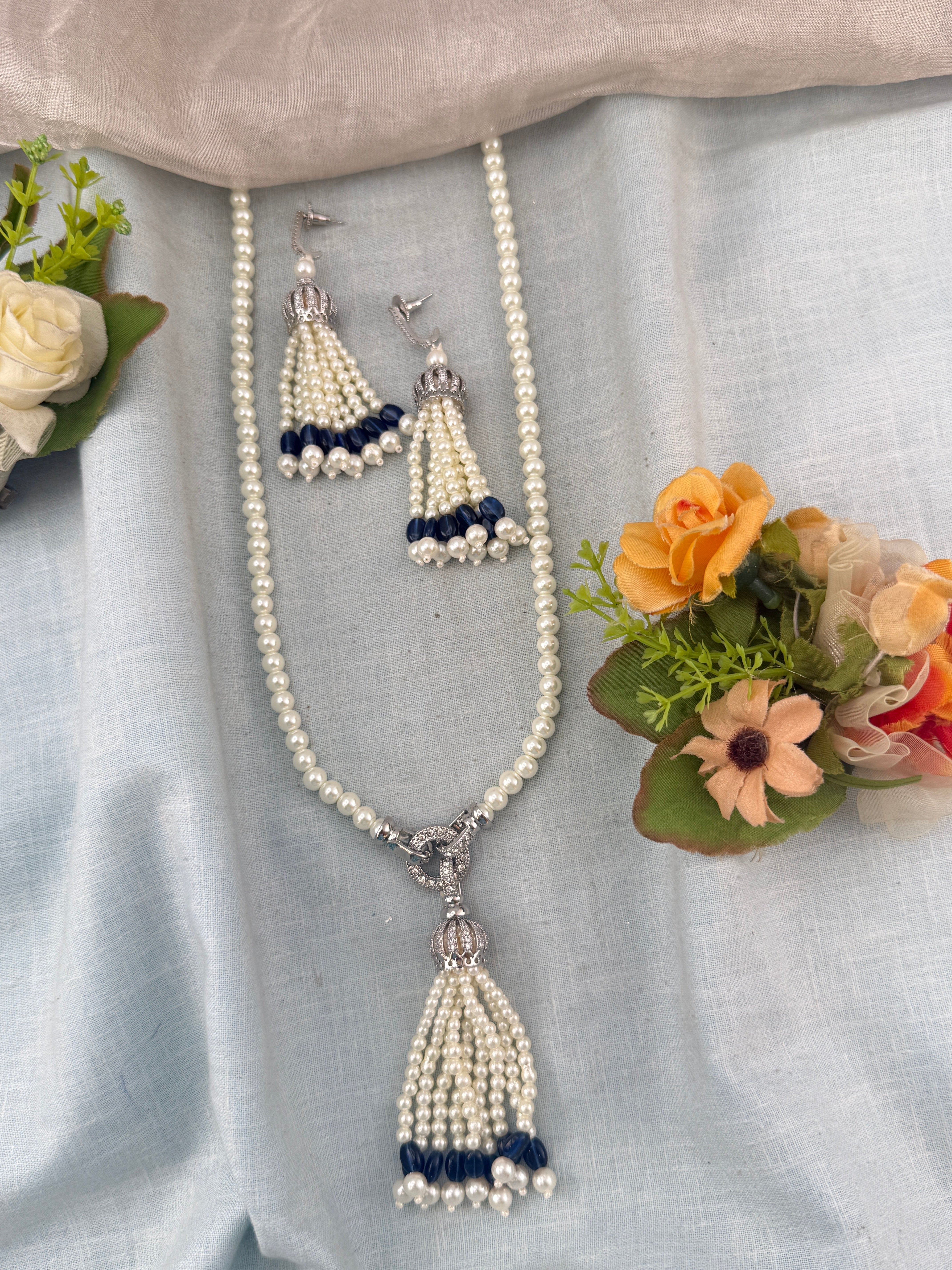 Premium Pearl Mid - Long Mala Necklace Set | N0361b
