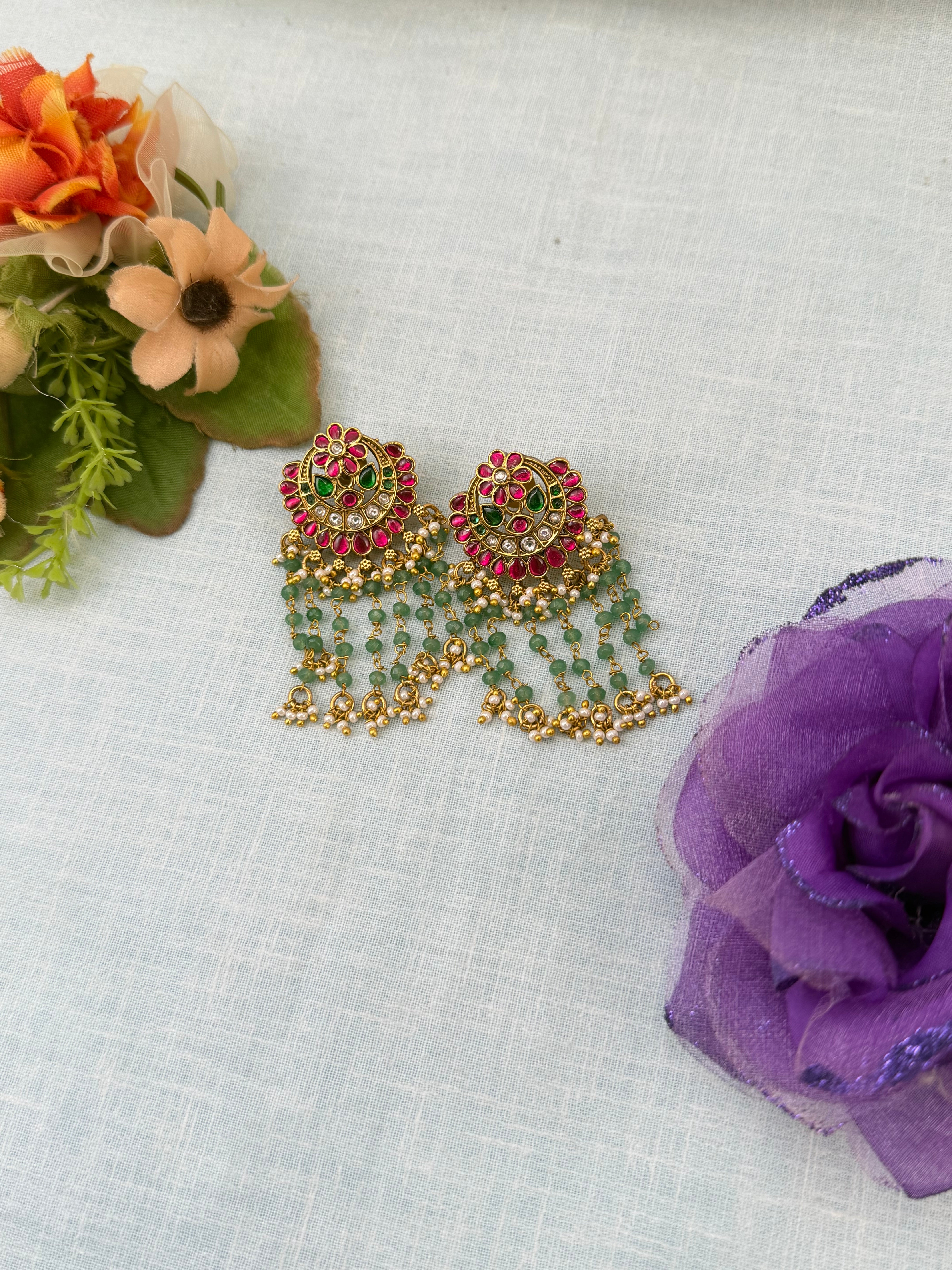 Traditional antique maatal ear chains – South Indian Jhumka ear chains, Ear maatal, jadebille, hair choti