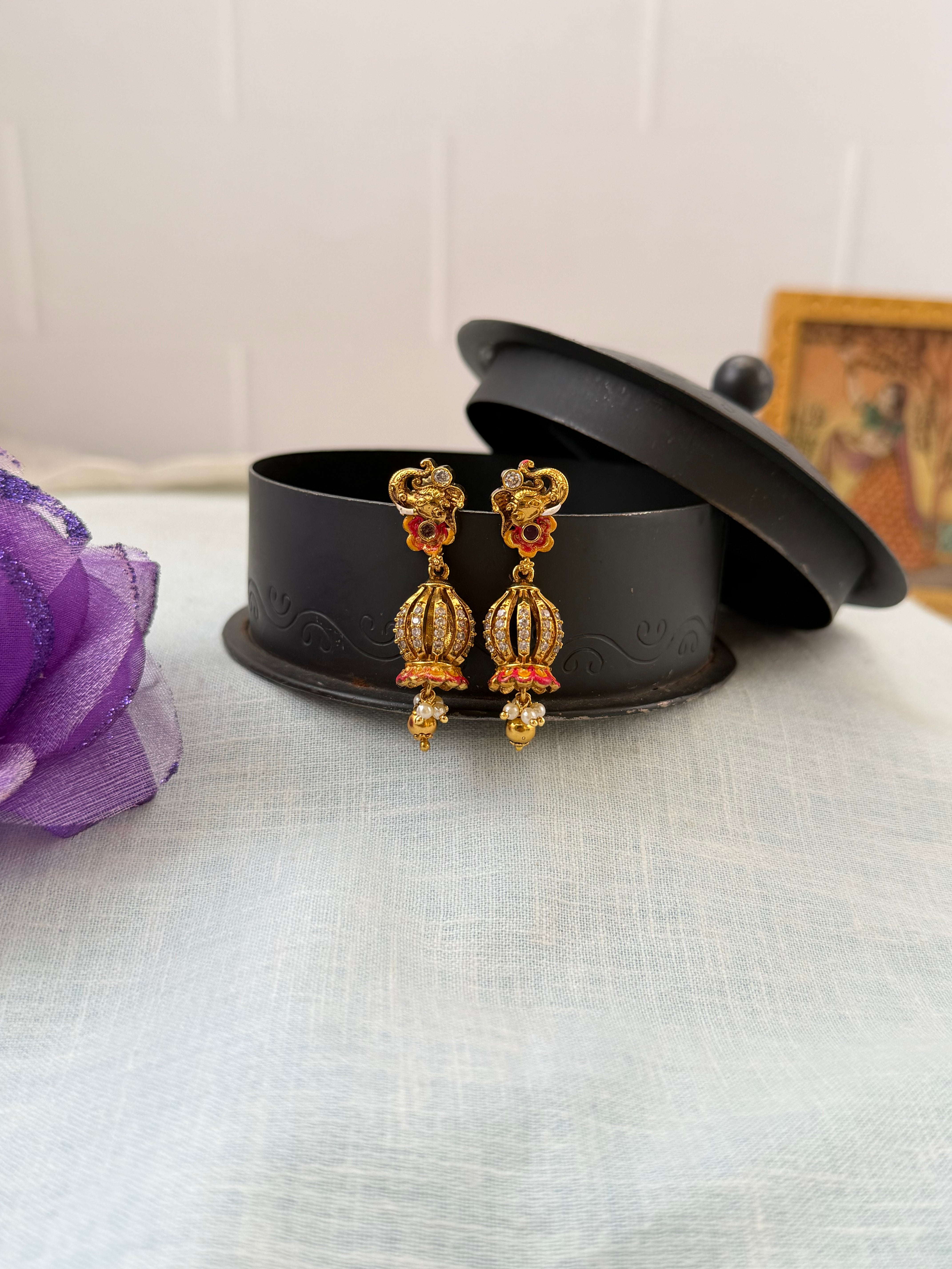 Traditional antique maatal ear chains – South Indian Jhumka ear chains, Ear maatal, jadebille, hair choti