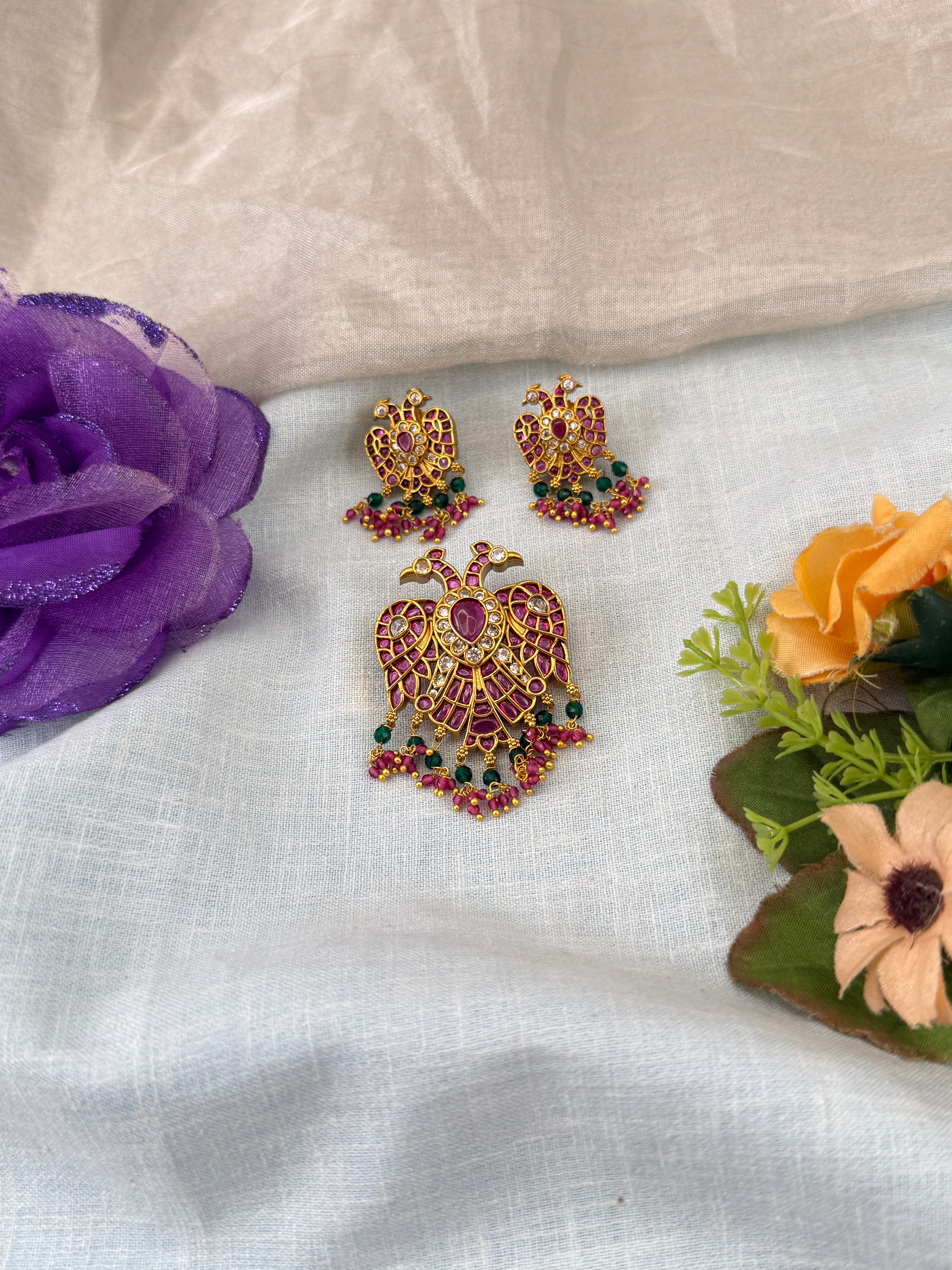 Antique Gandaberunda Pendant with Earrings P0047A