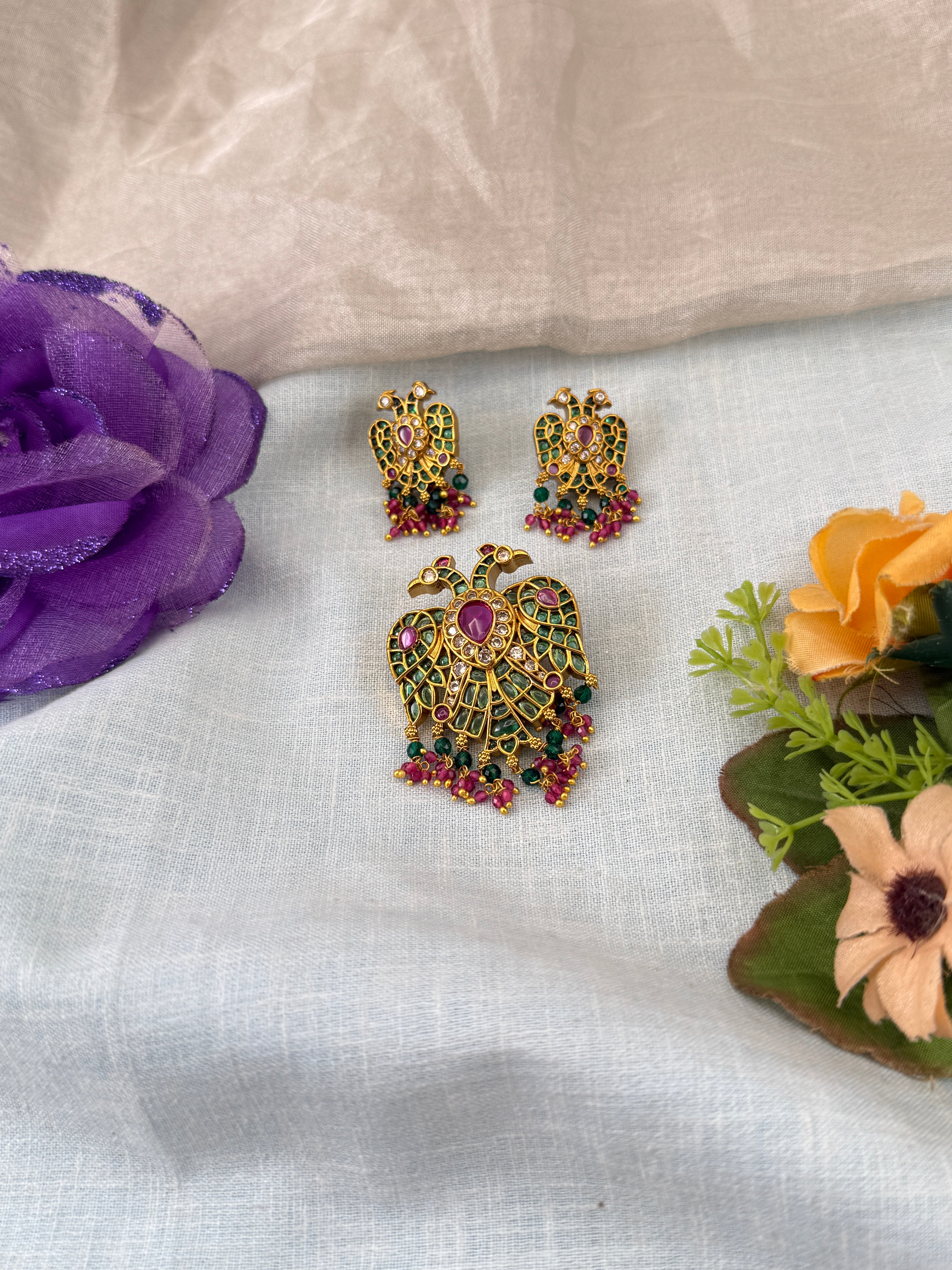 Antique Gandaberunda Pendant with Earrings P0047C