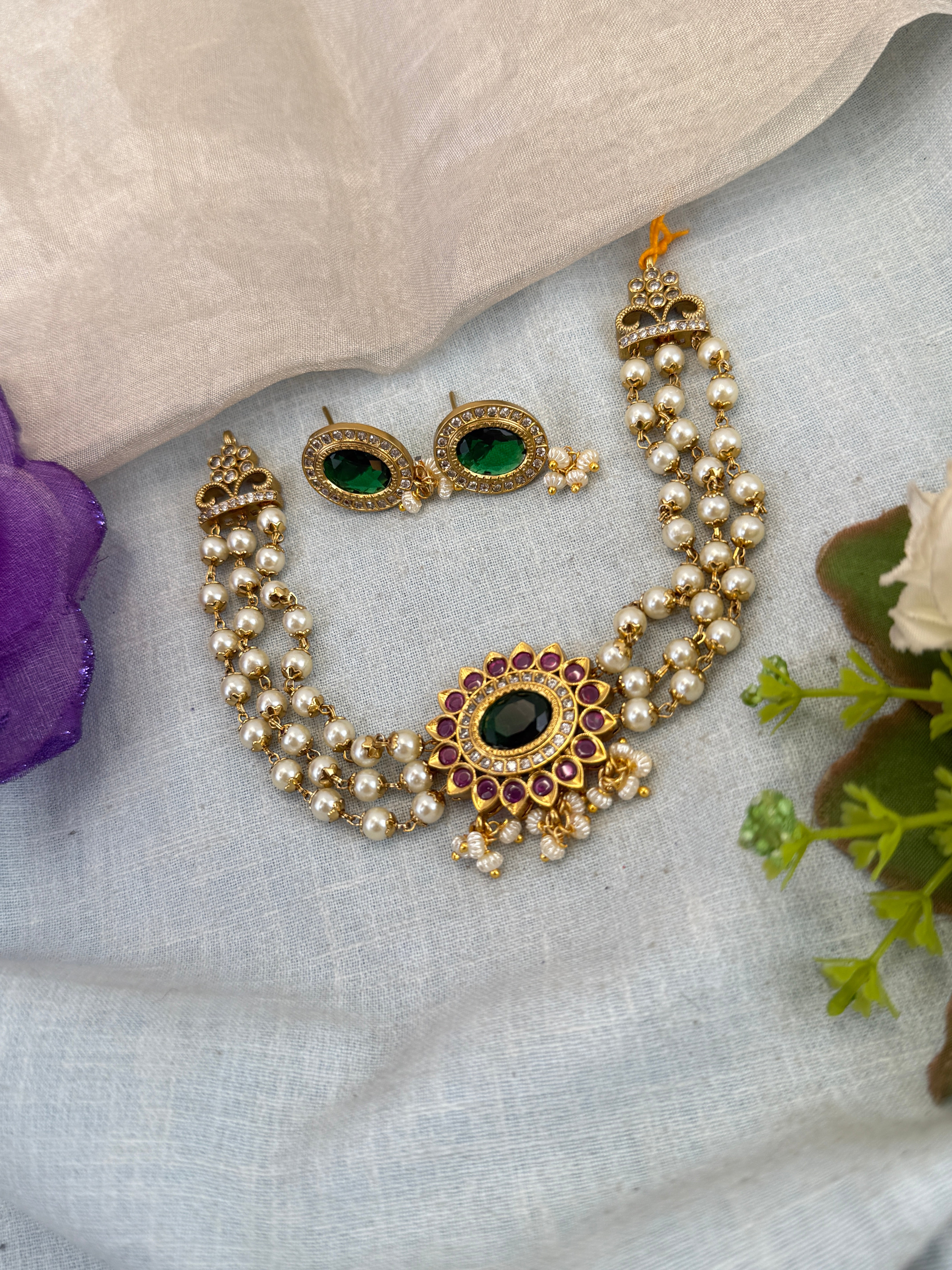 Luxurious Victorian Pendant Pearl Choker Necklace Set 669