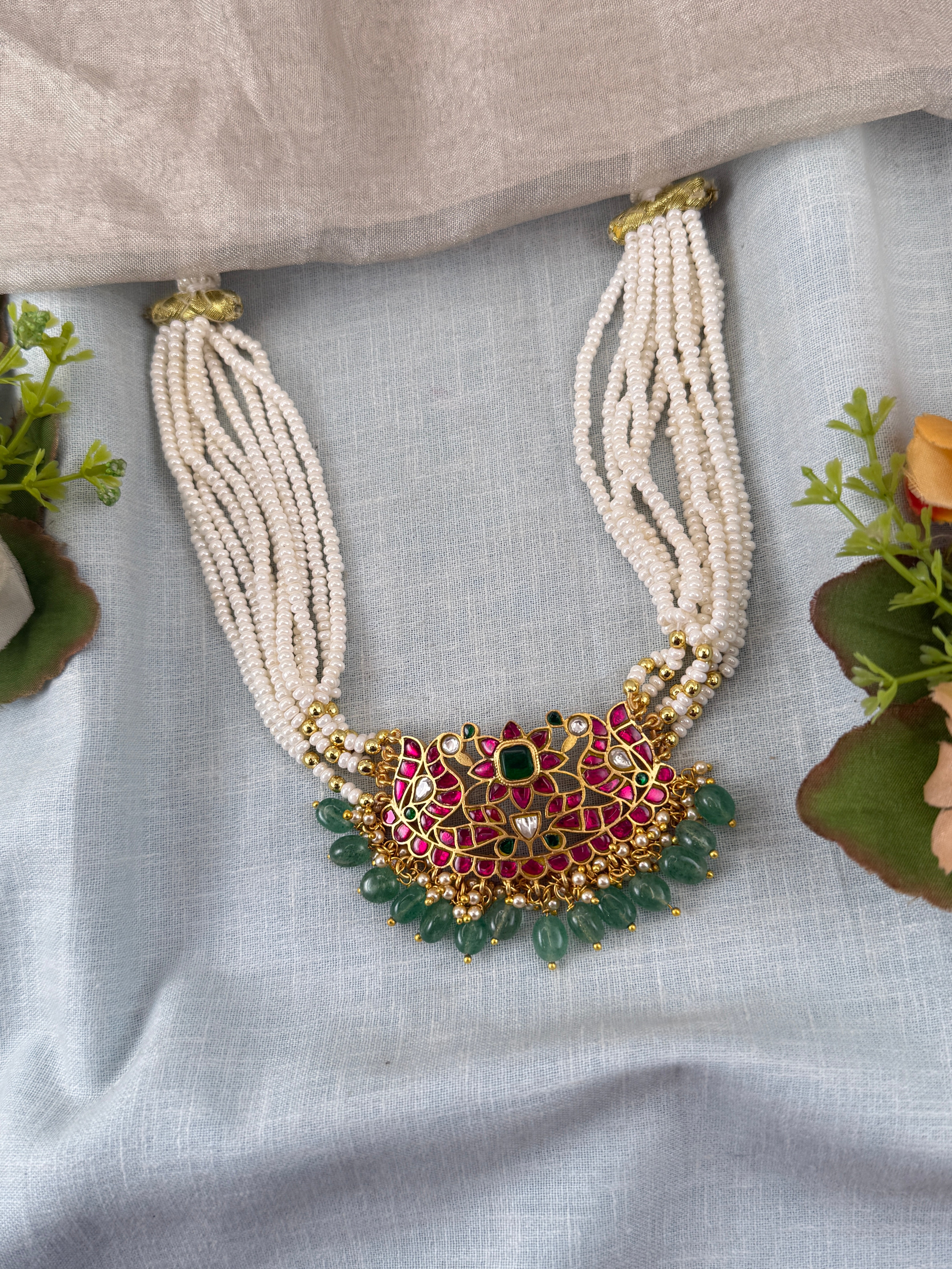 Jadau Kundan Necklace Layer Pearls Short Premium Set N0404