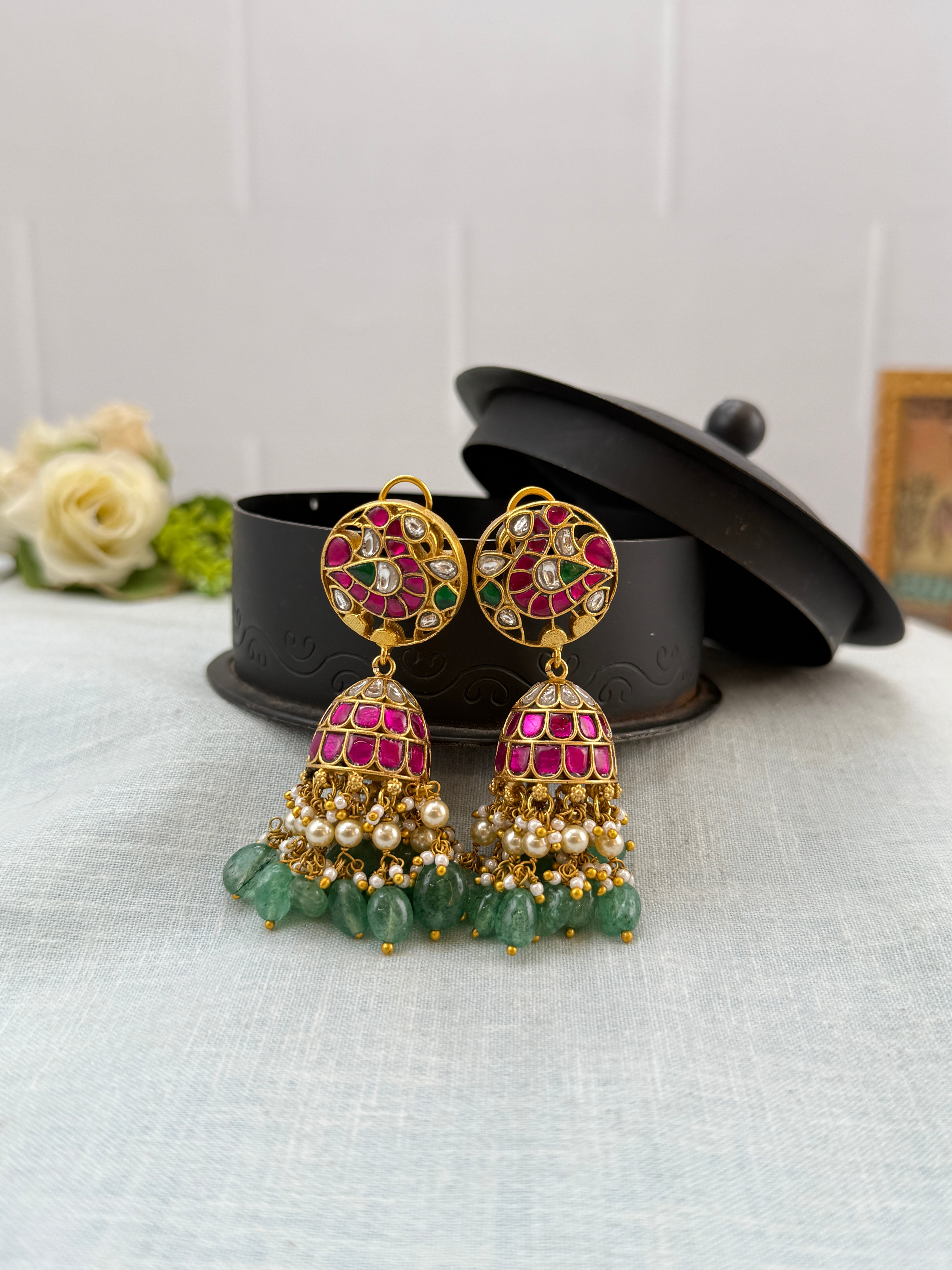 Jadau Earrings, Bridal antique Jadau Kundan earrings, Antique Jhumka
