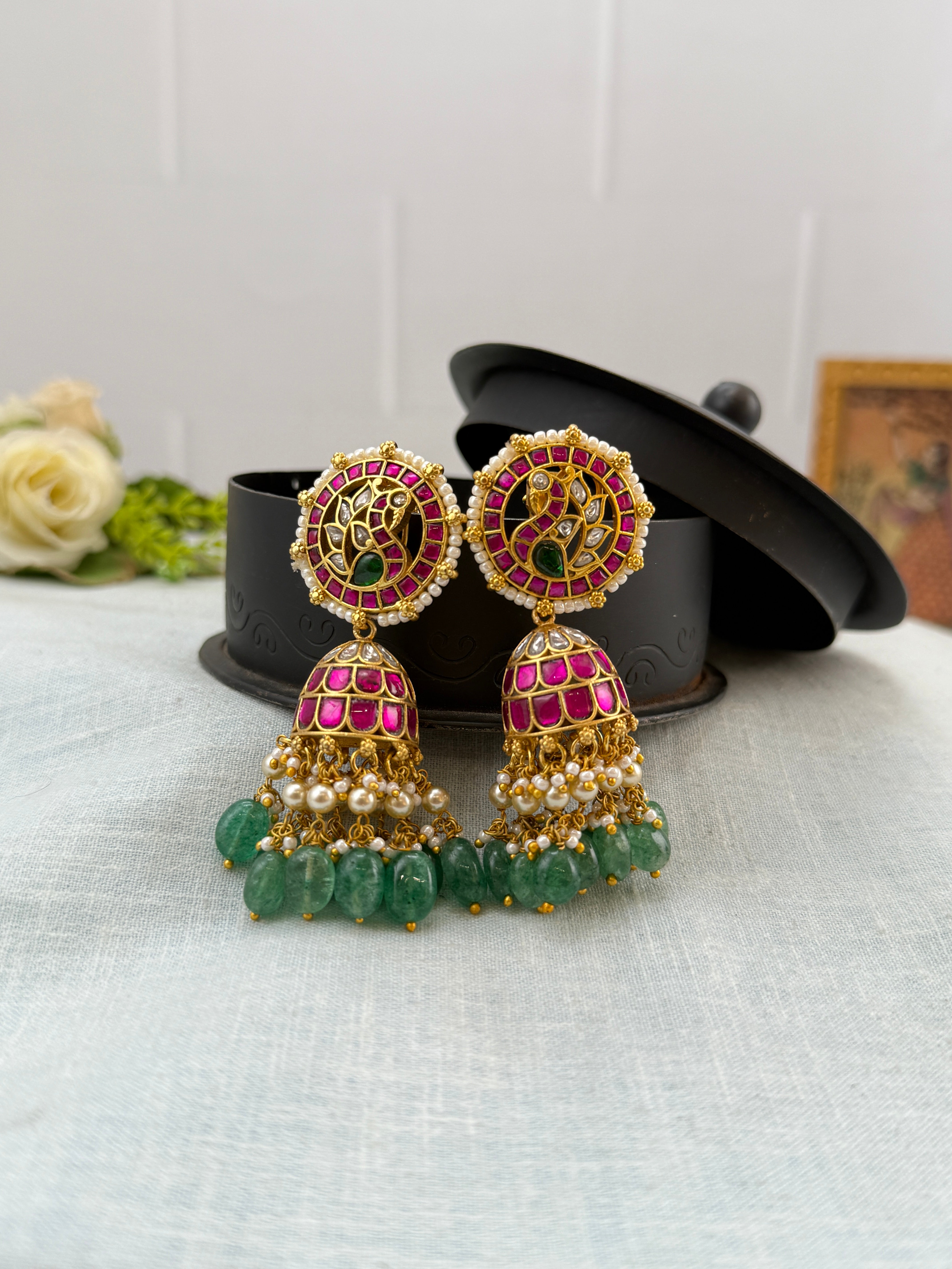 Jadau Earrings, Bridal antique Jadau Kundan earrings, Antique Jhumka