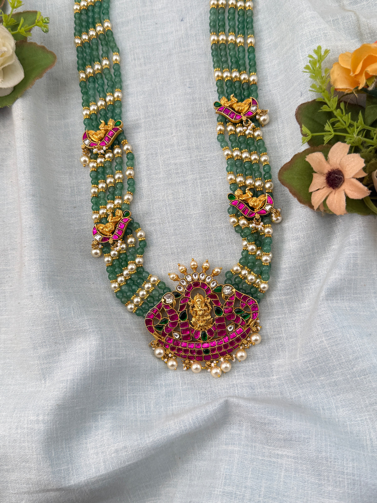Jadau Kundan Layer Beads Long Necklace Set Premium | N0461