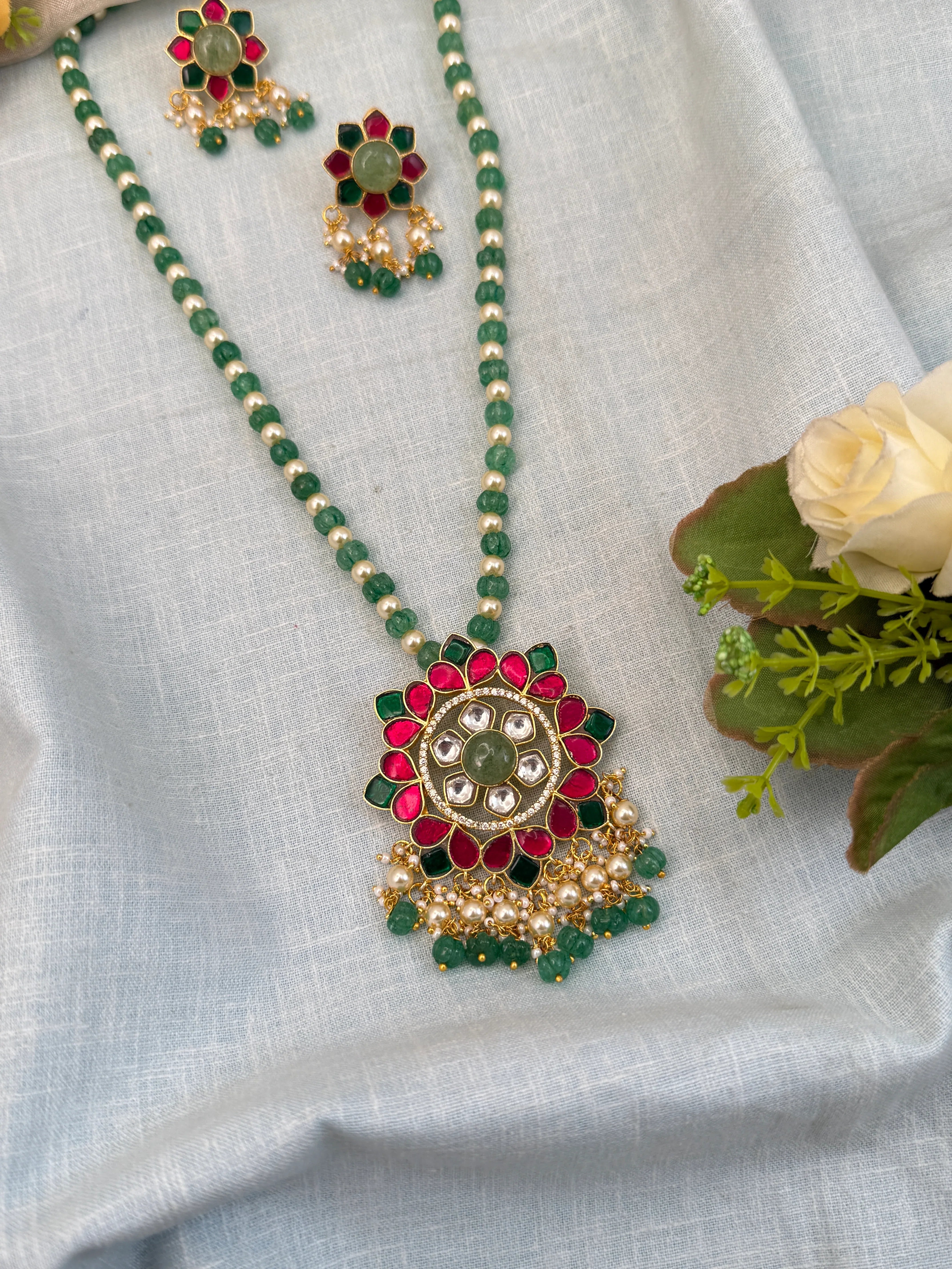 Luxurious Jadau Kundan Pendant Mid Long Necklace Set 573