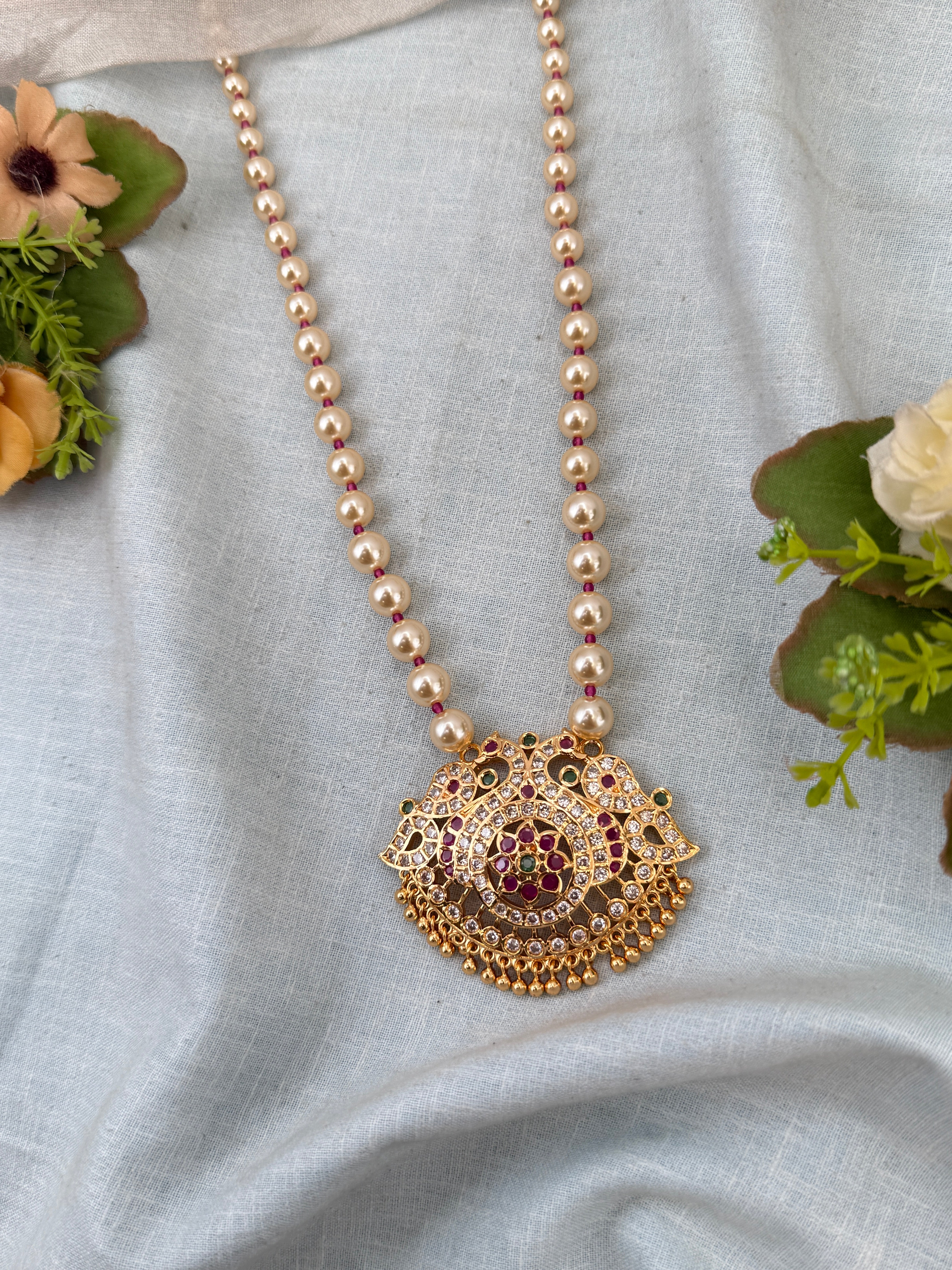 Royal Antique Gold Like Layer Pearl Long Necklace Set 0991