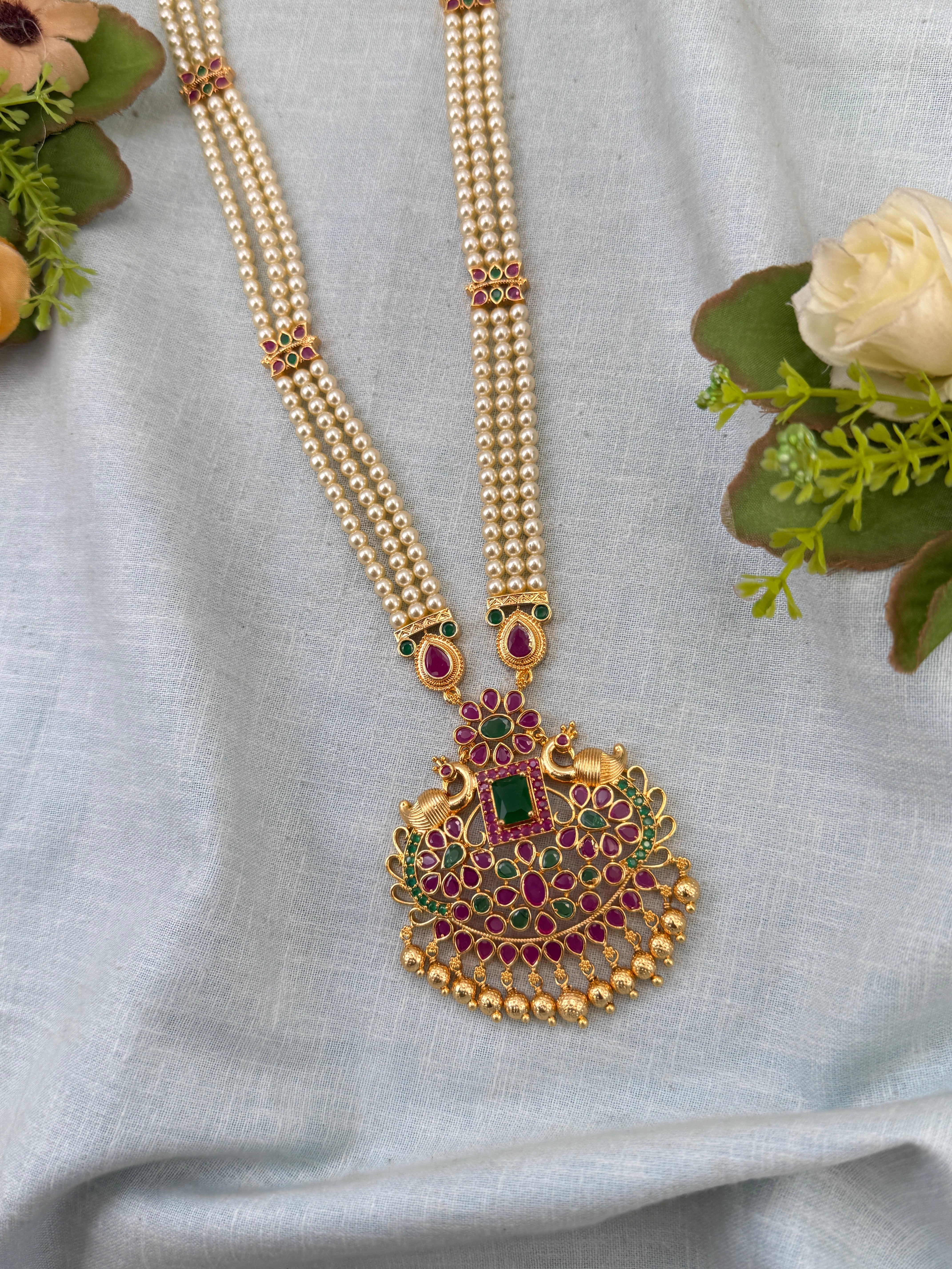 Royal Antique Gold Like Layer Pearl Long Necklace Set 0992
