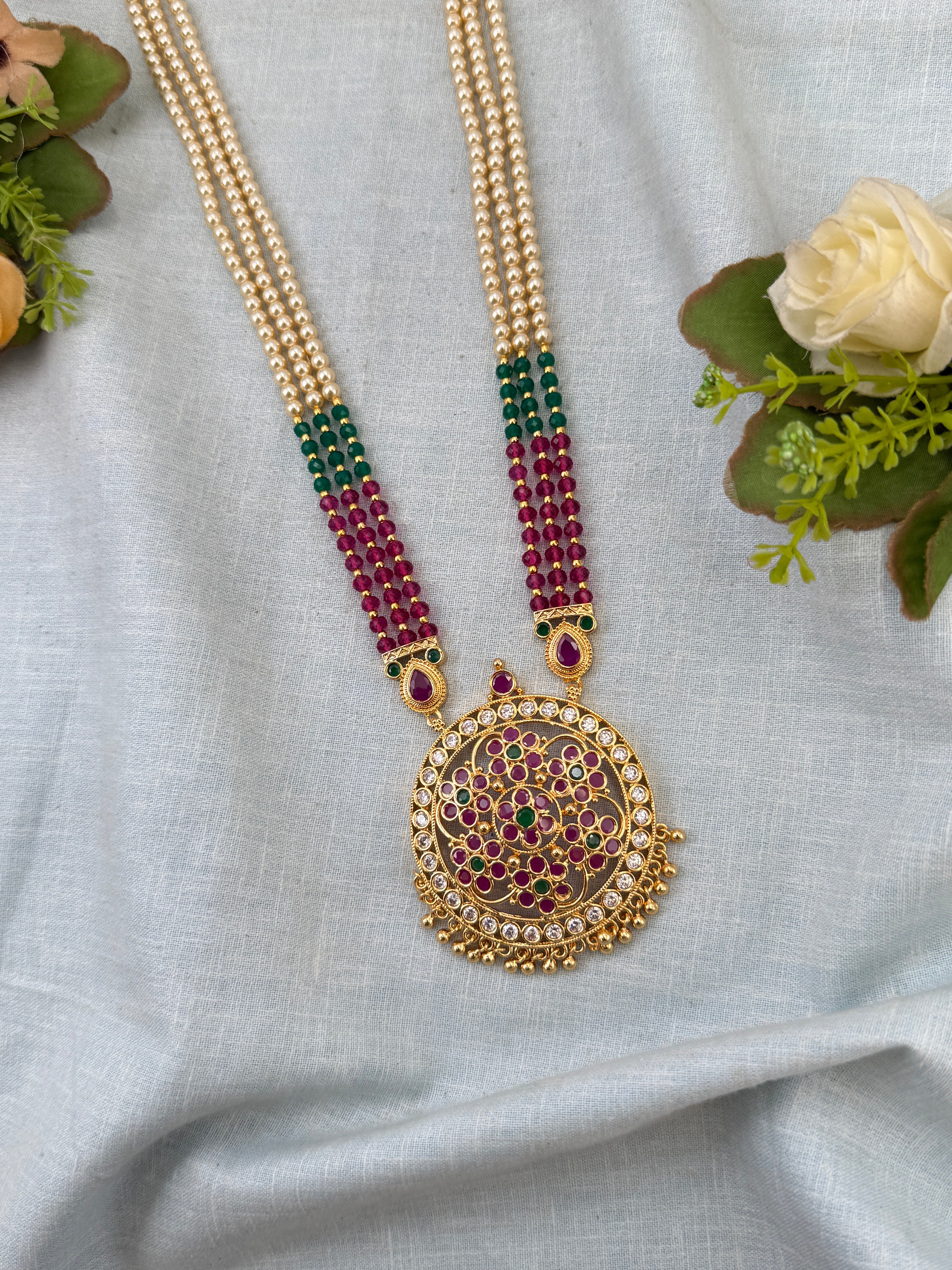 Royal Antique Gold Like Layer Pearl Long Necklace Set 0993