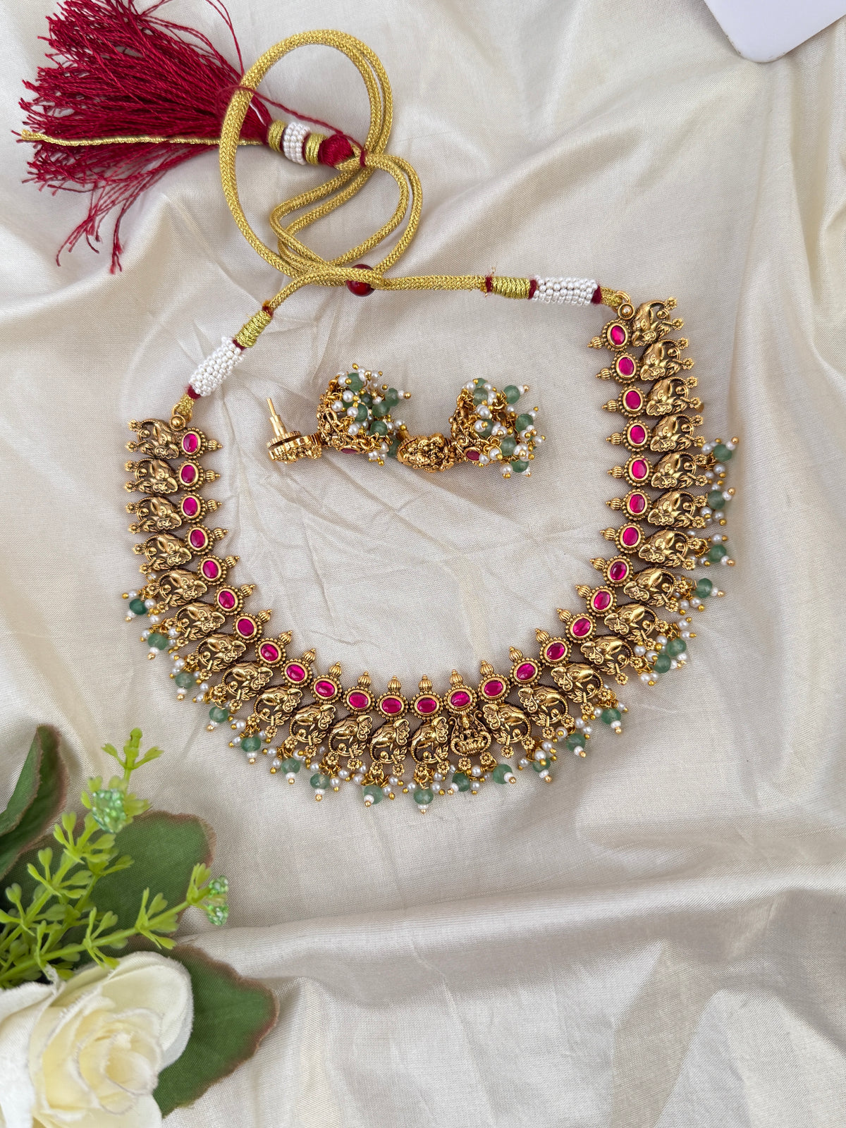 Antique Jadau Kundan Gajalakshmi Necklace Short Set| N0617
