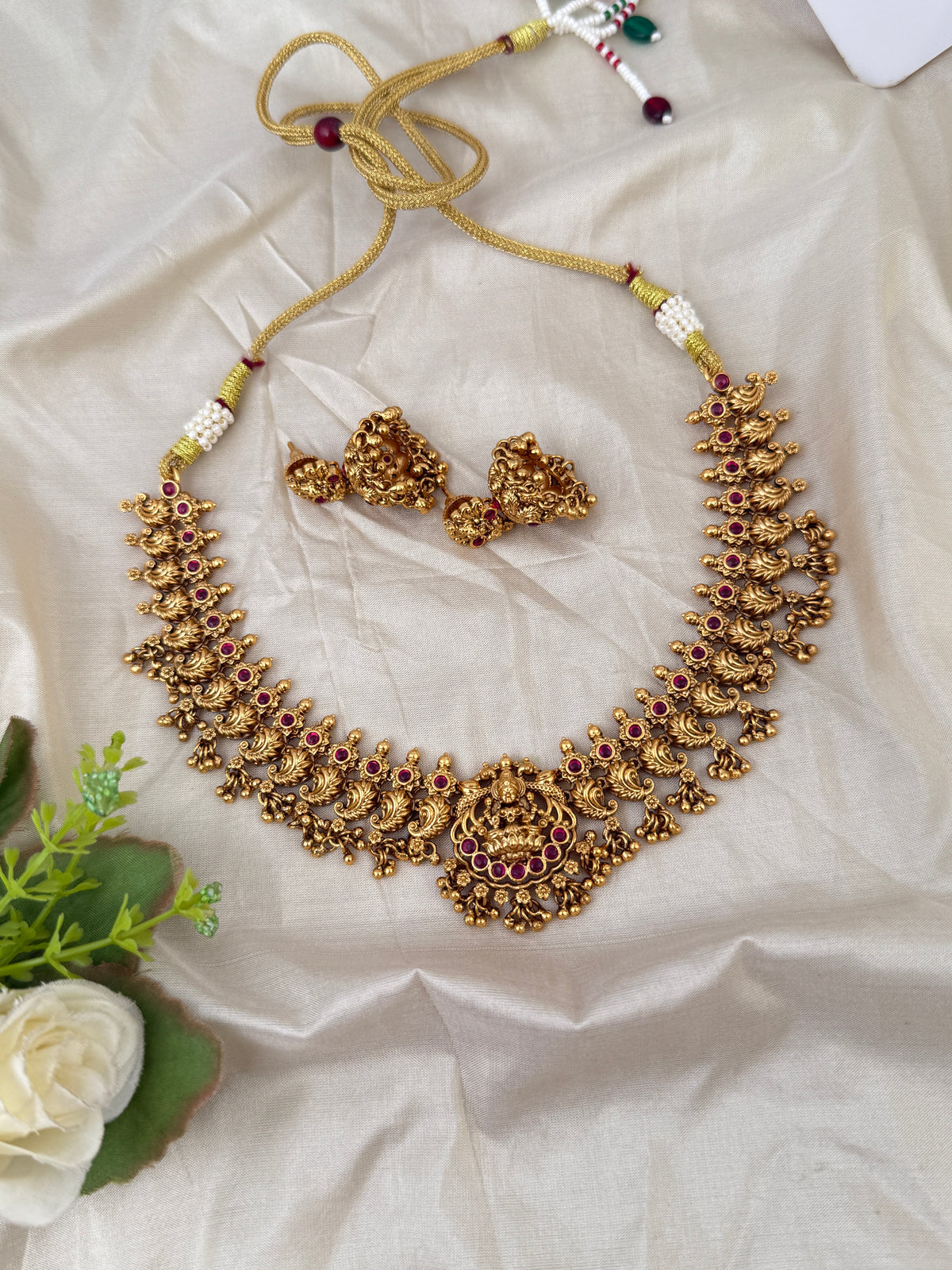 Antique Peacock Necklace Lakshmi Pendant Short Set| N0625