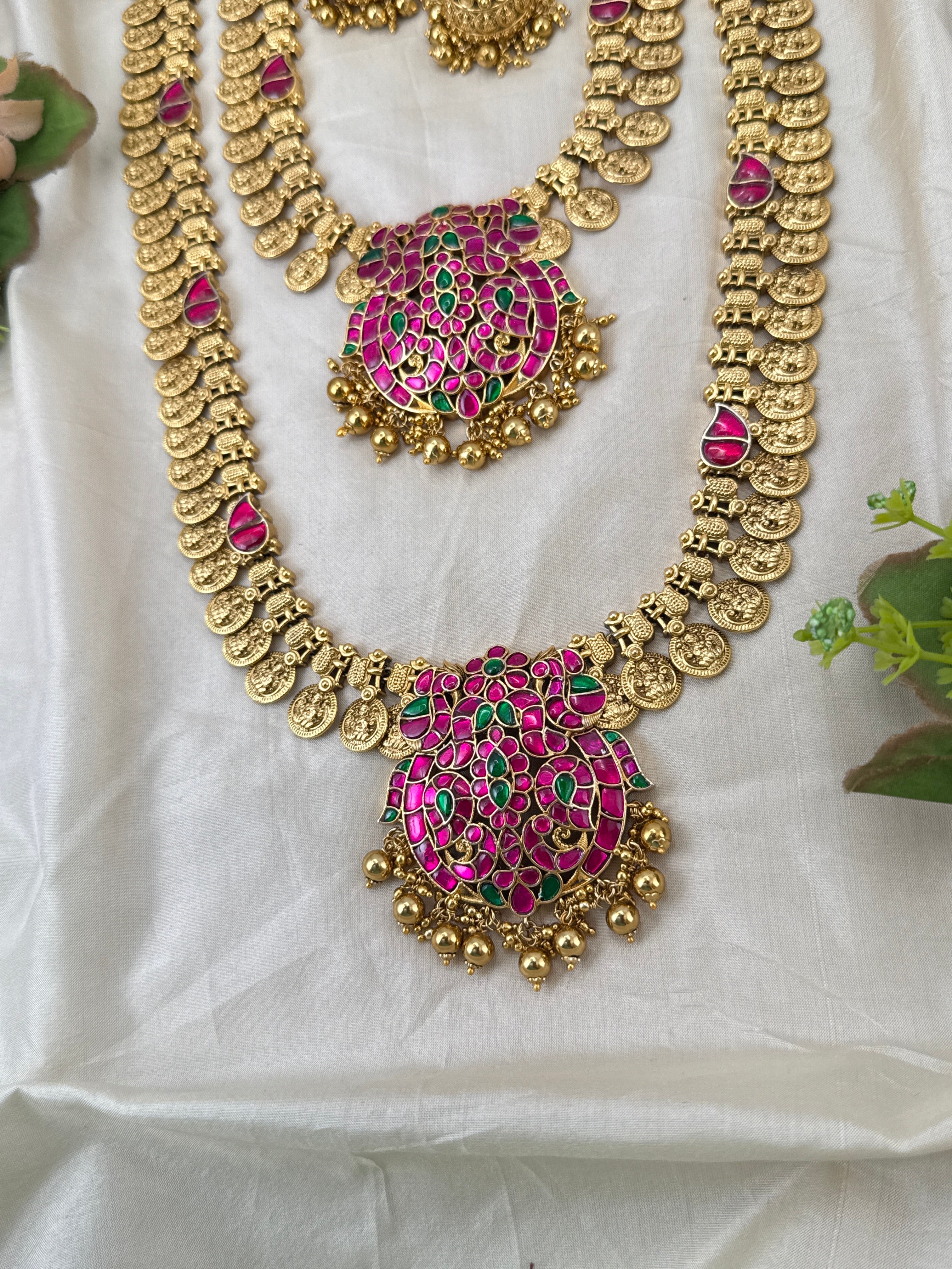 Luxurious Antique Kaasu Jadau Pendant Bridal Necklace Set 1023