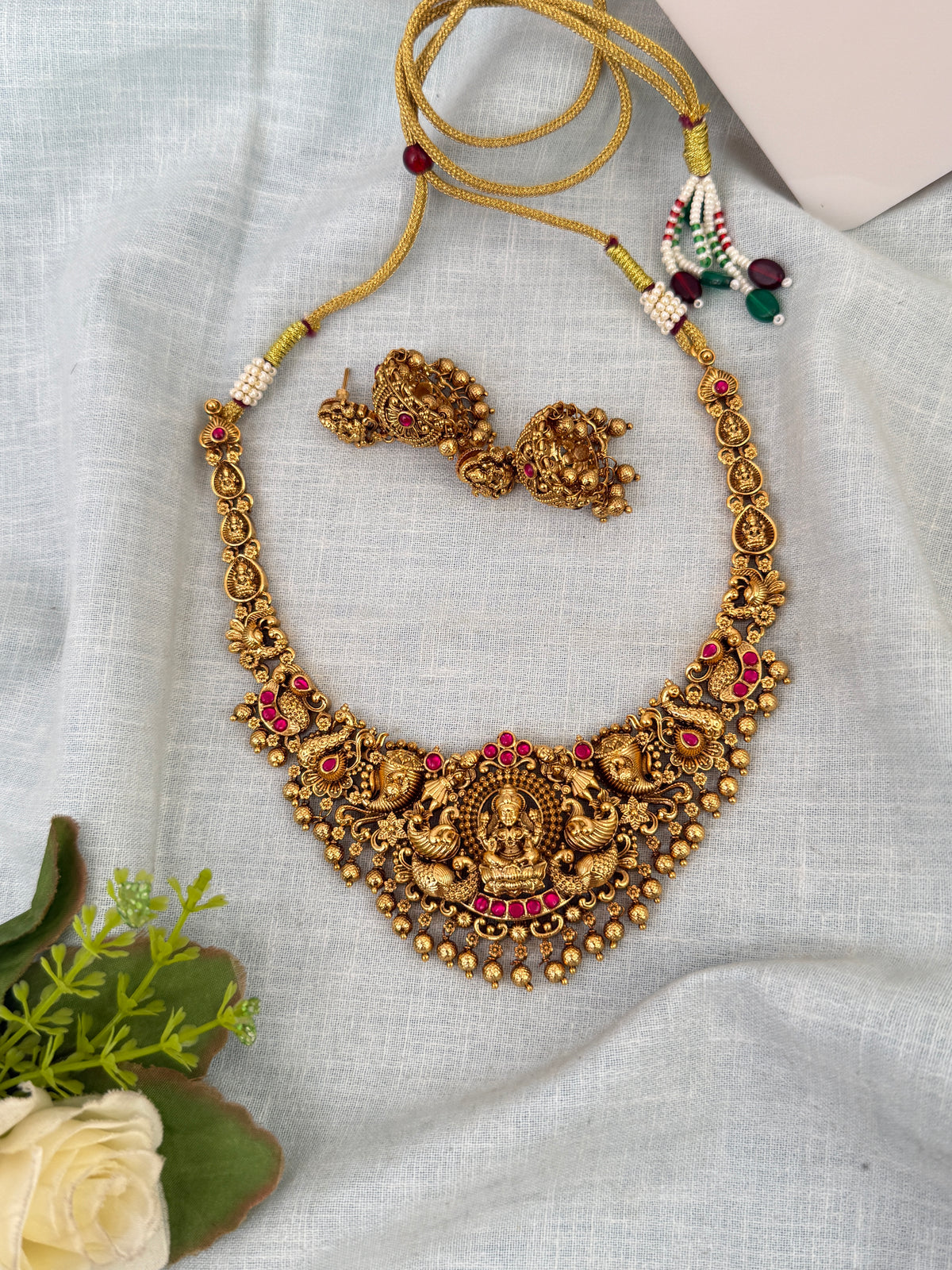Antique Peacock Necklace Lakshmi Pendant Short Set | N0633