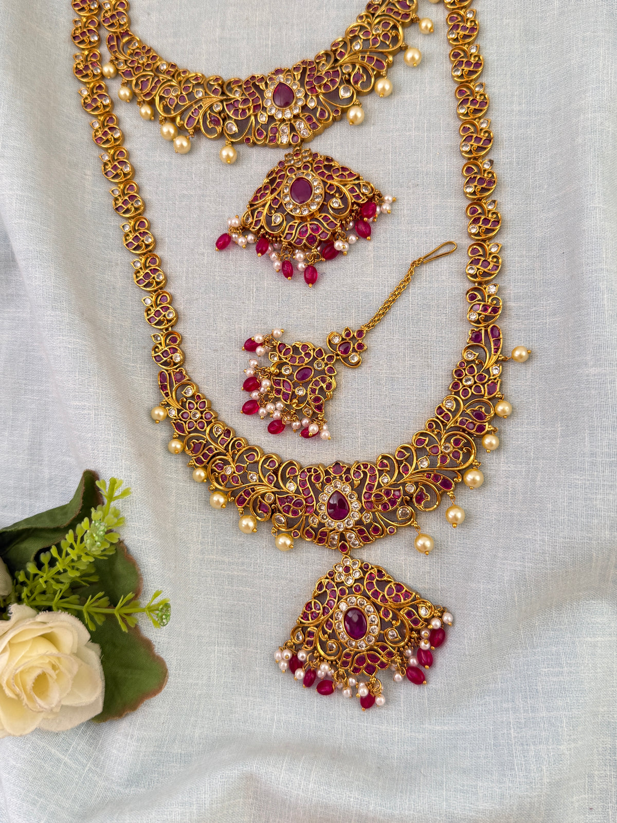 Antique Semi Bridal Necklace Peacock Pendant Full Set| N0750