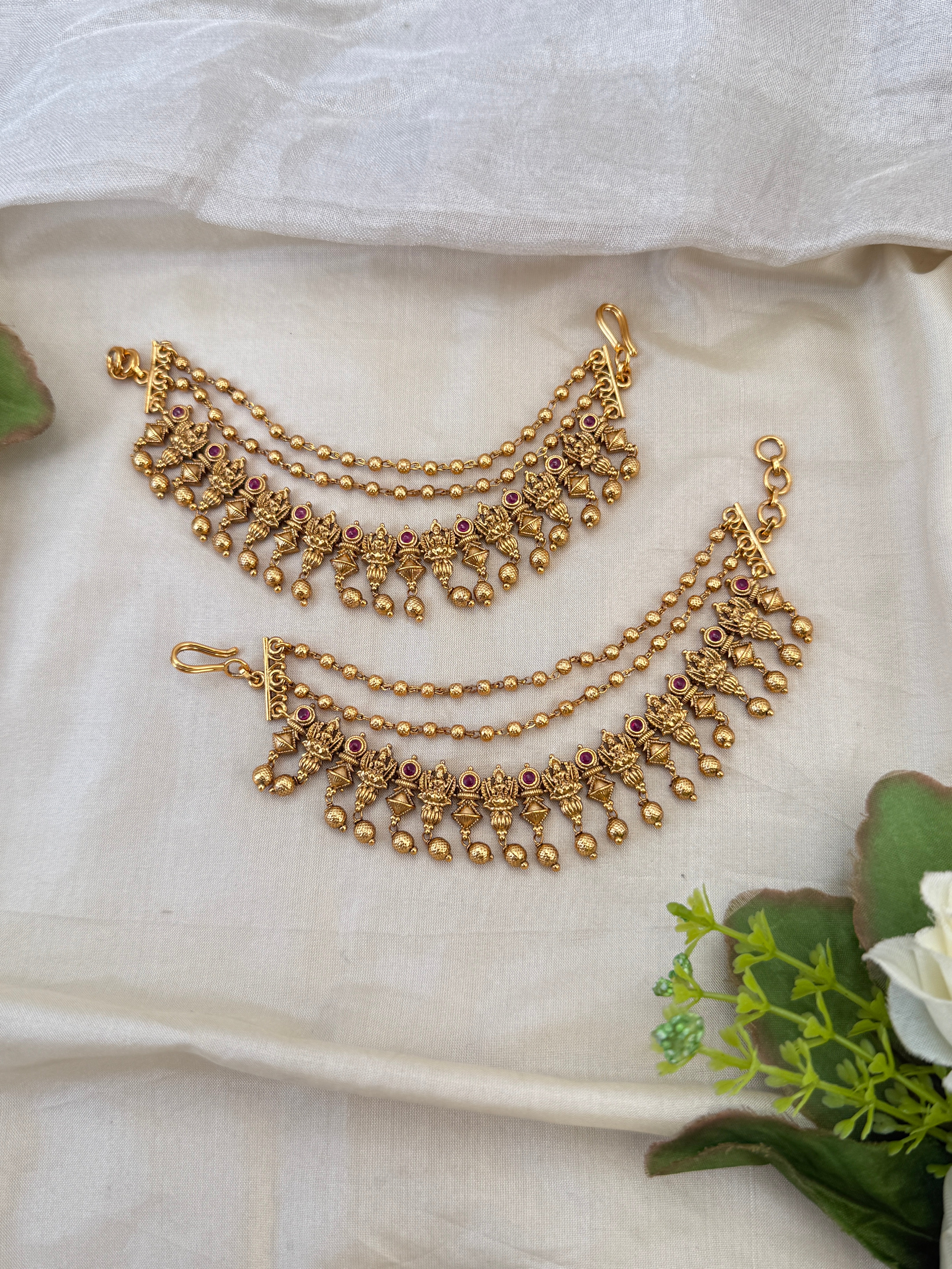 Traditional antique maatal ear chains – South Indian Jhumka ear chains, Ear maatal, jadebille, hair choti