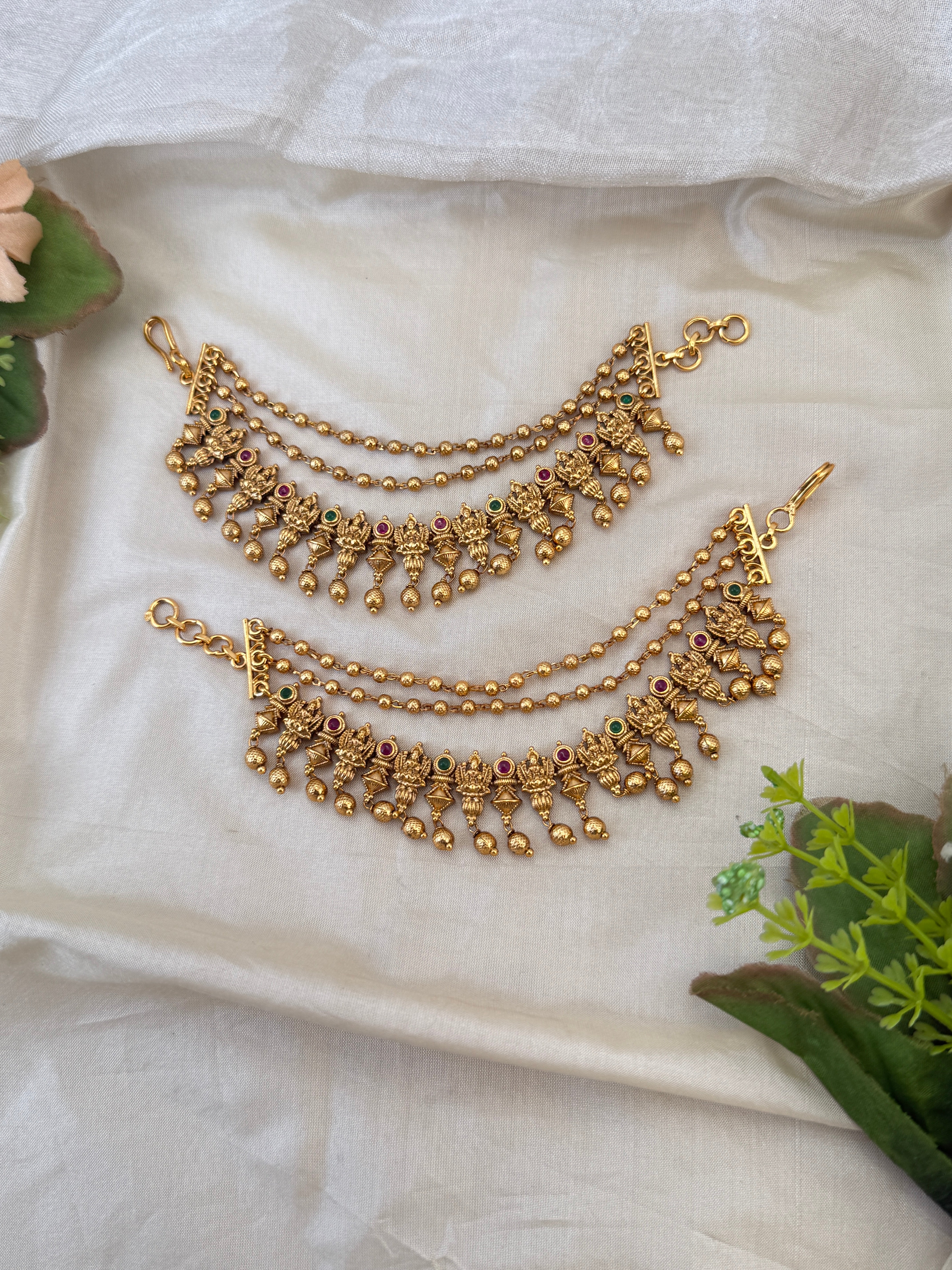 Traditional antique maatal ear chains – South Indian Jhumka ear chains, Ear maatal, jadebille, hair choti