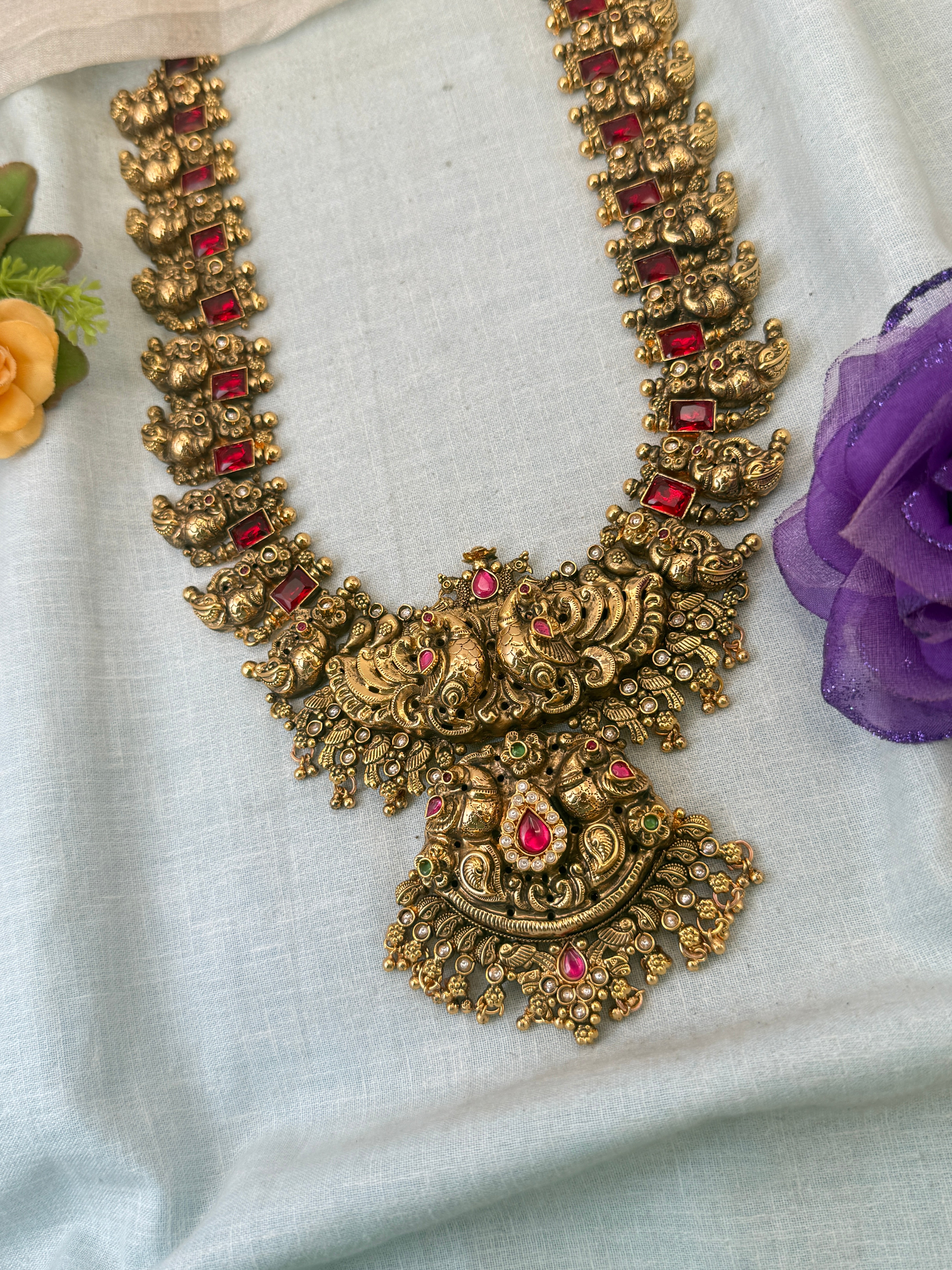 Luxurious Antique Gold Like Ruby Premium Long Necklace Set 1060